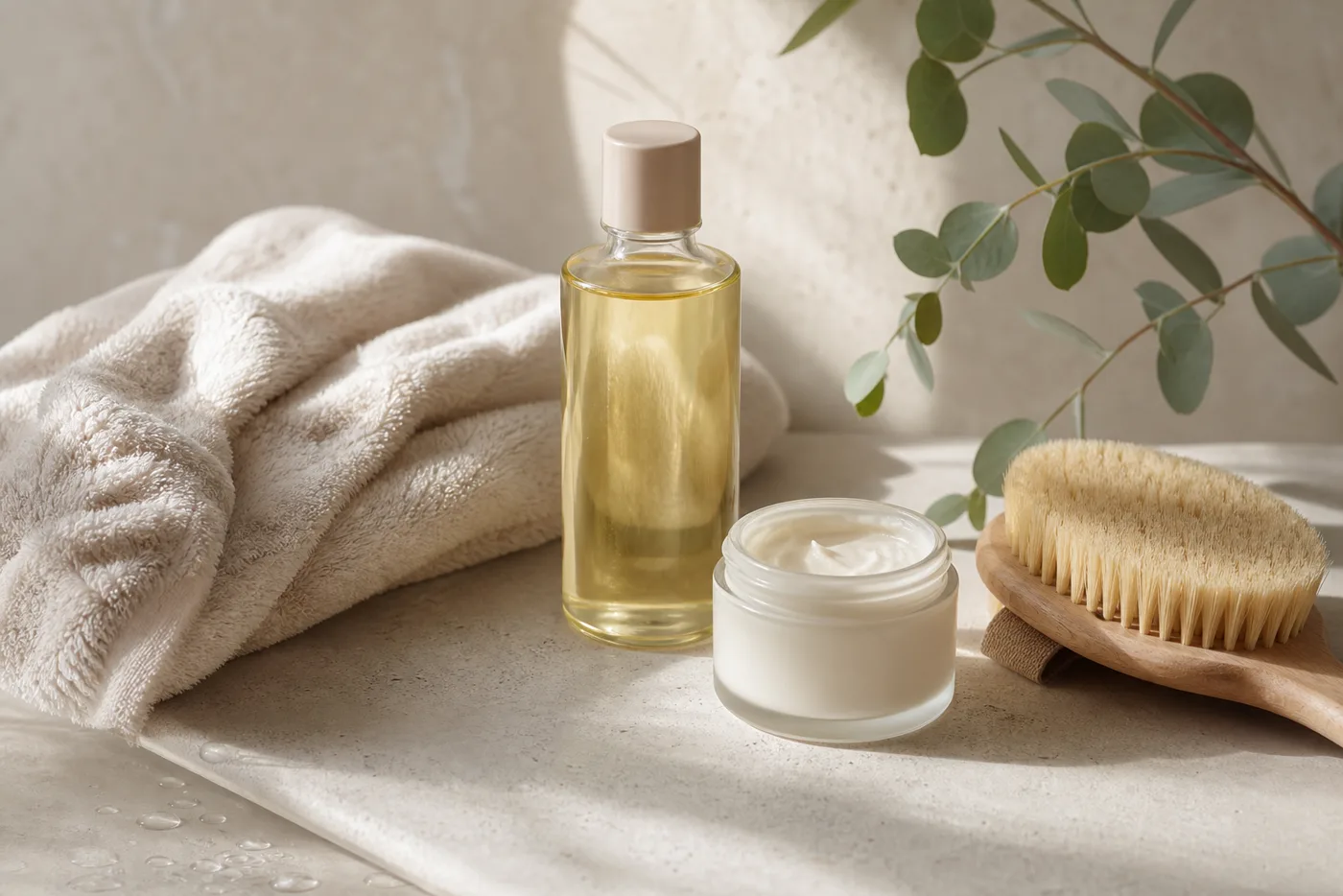 Unbranded body oil, moisturizer jar and soft towel for a gentle body care routine