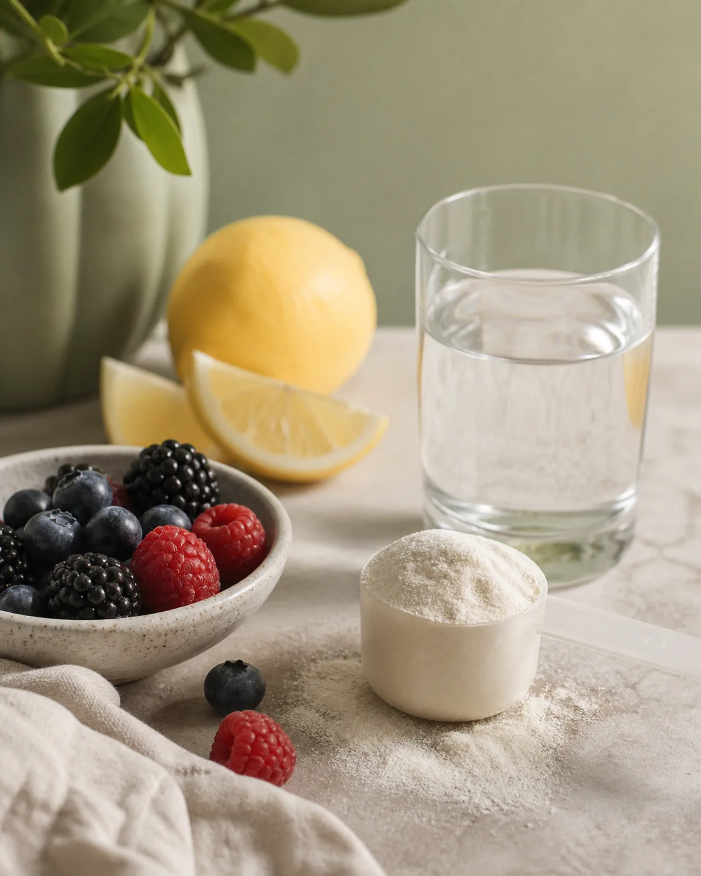 Collagen peptides powder with berries, lemon and water in a soft beige wellness still life