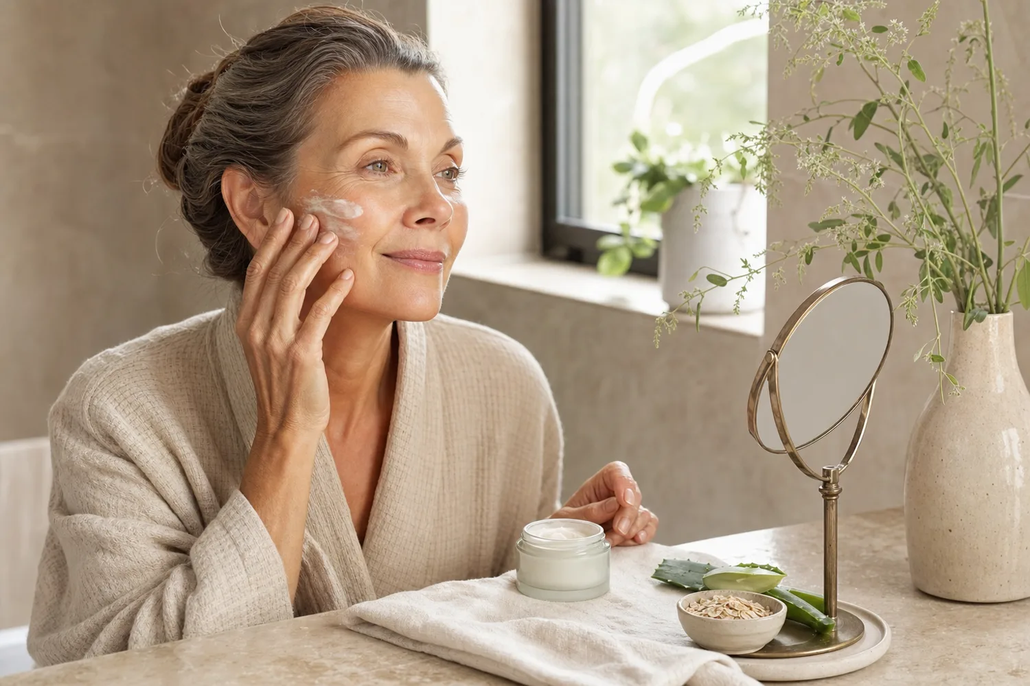 Woman over 40 applying a gentle cream skincare step at a beige vanity with oats and aloe nearby.