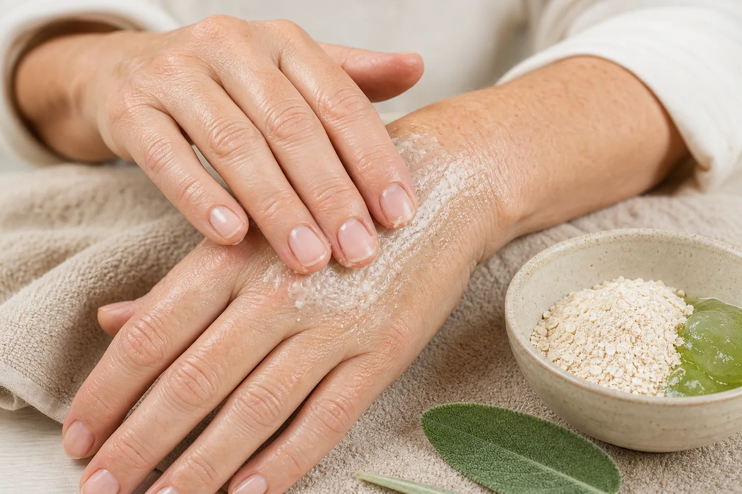 Hands showing a gentle oat and aloe exfoliation texture for a soft skincare ritual.
