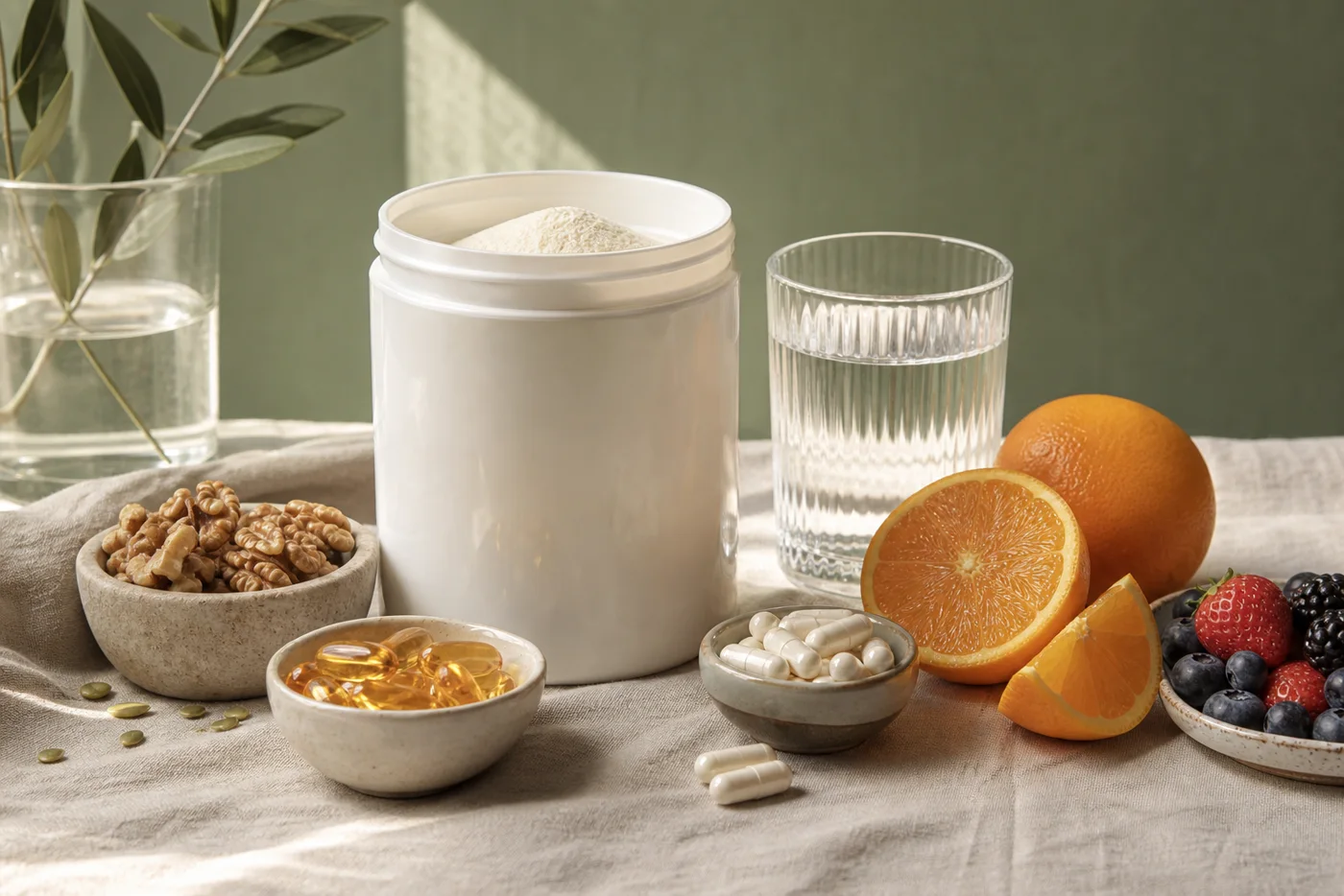Collagen, omega-3 capsules, fruit and nuts for healthy hair and skin support