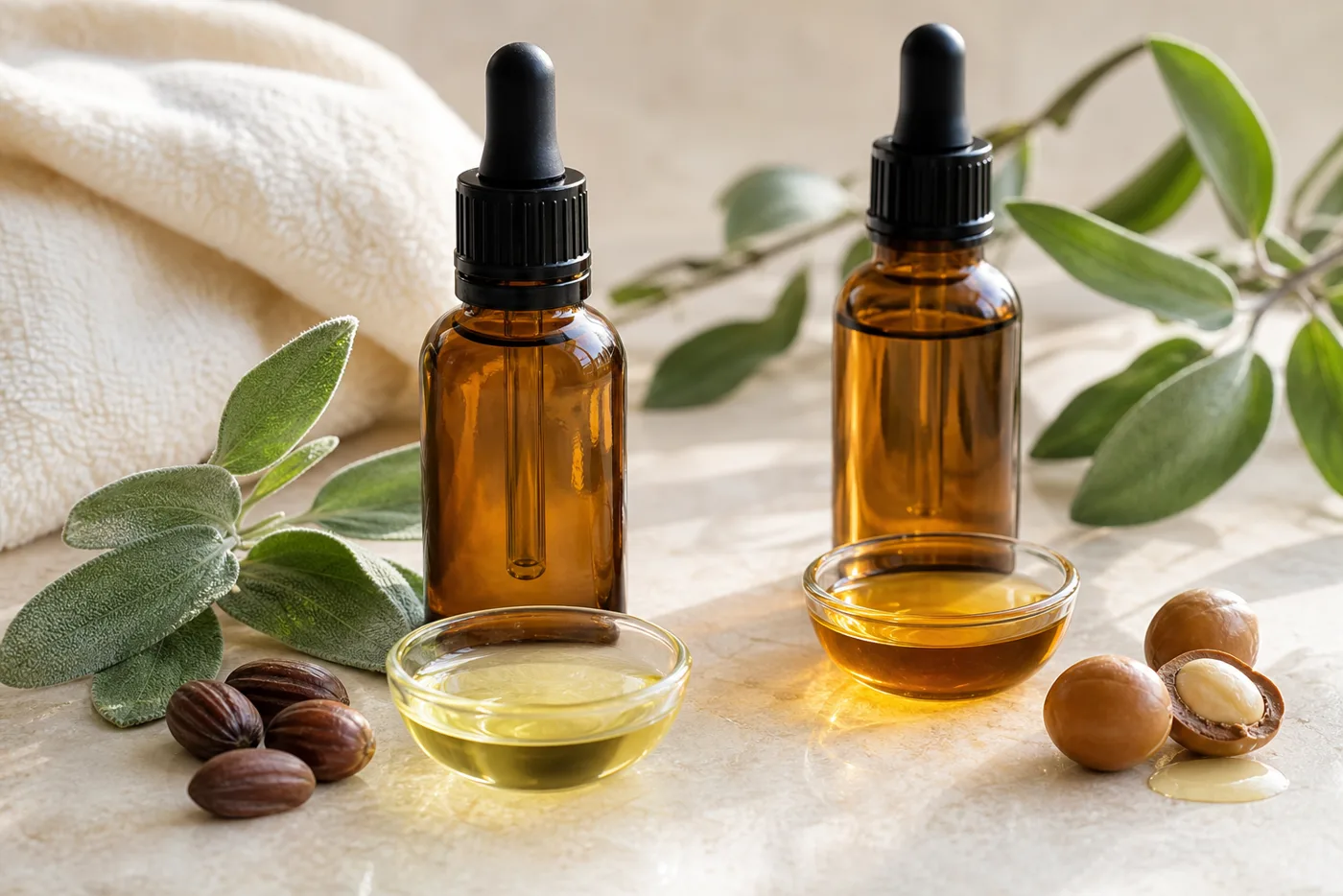 Jojoba oil and argan oil in amber dropper bottles with botanical leaves