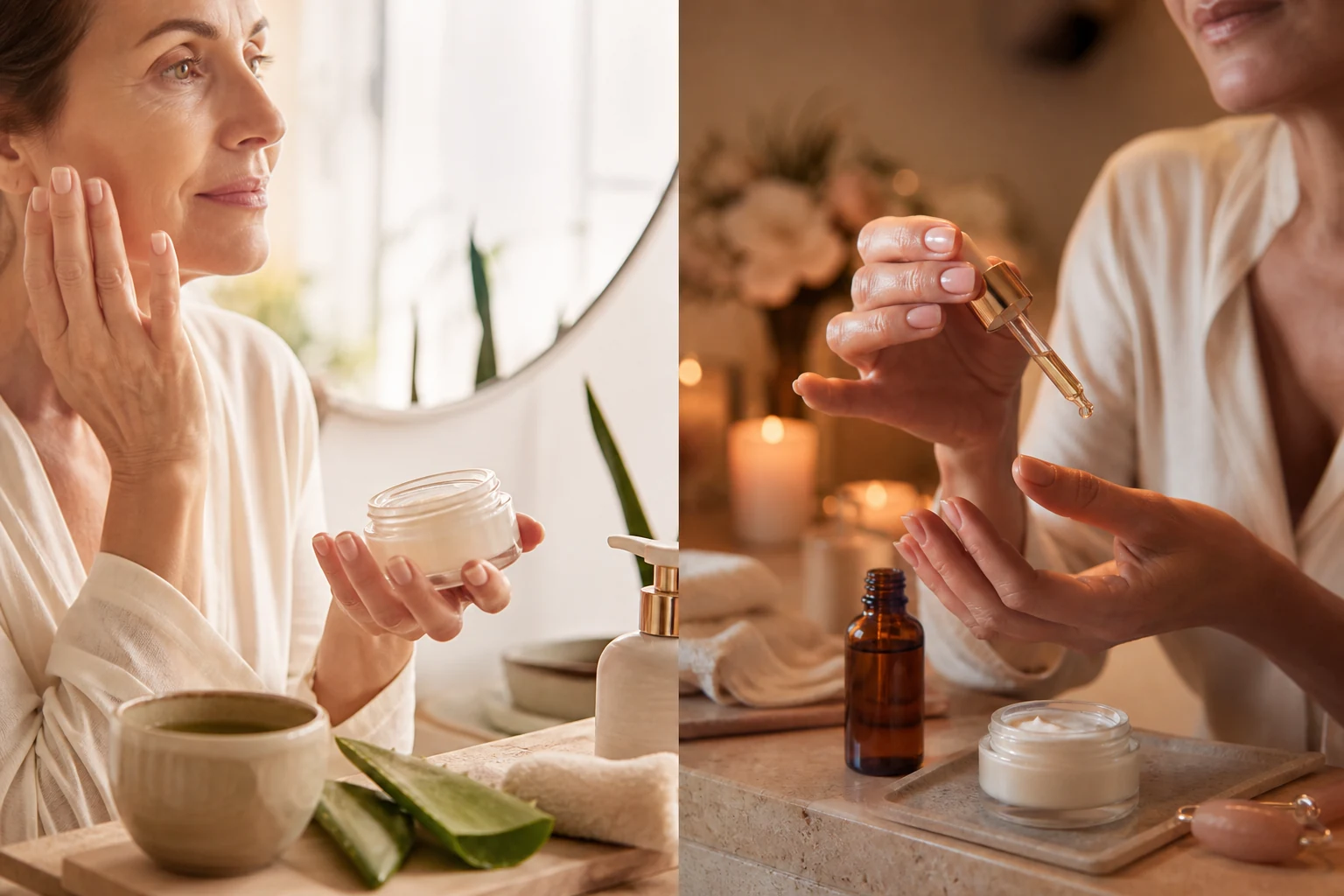Morning and evening natural skincare routine with aloe, tea, beauty oil and soft spa light.