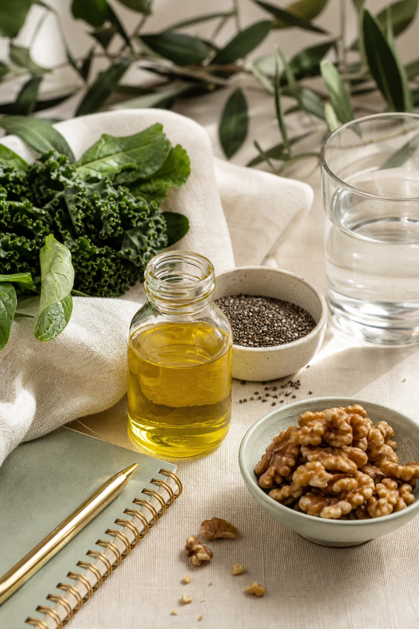 Omega-3 foods including chia seeds walnuts leafy greens and flaxseed oil on beige linen