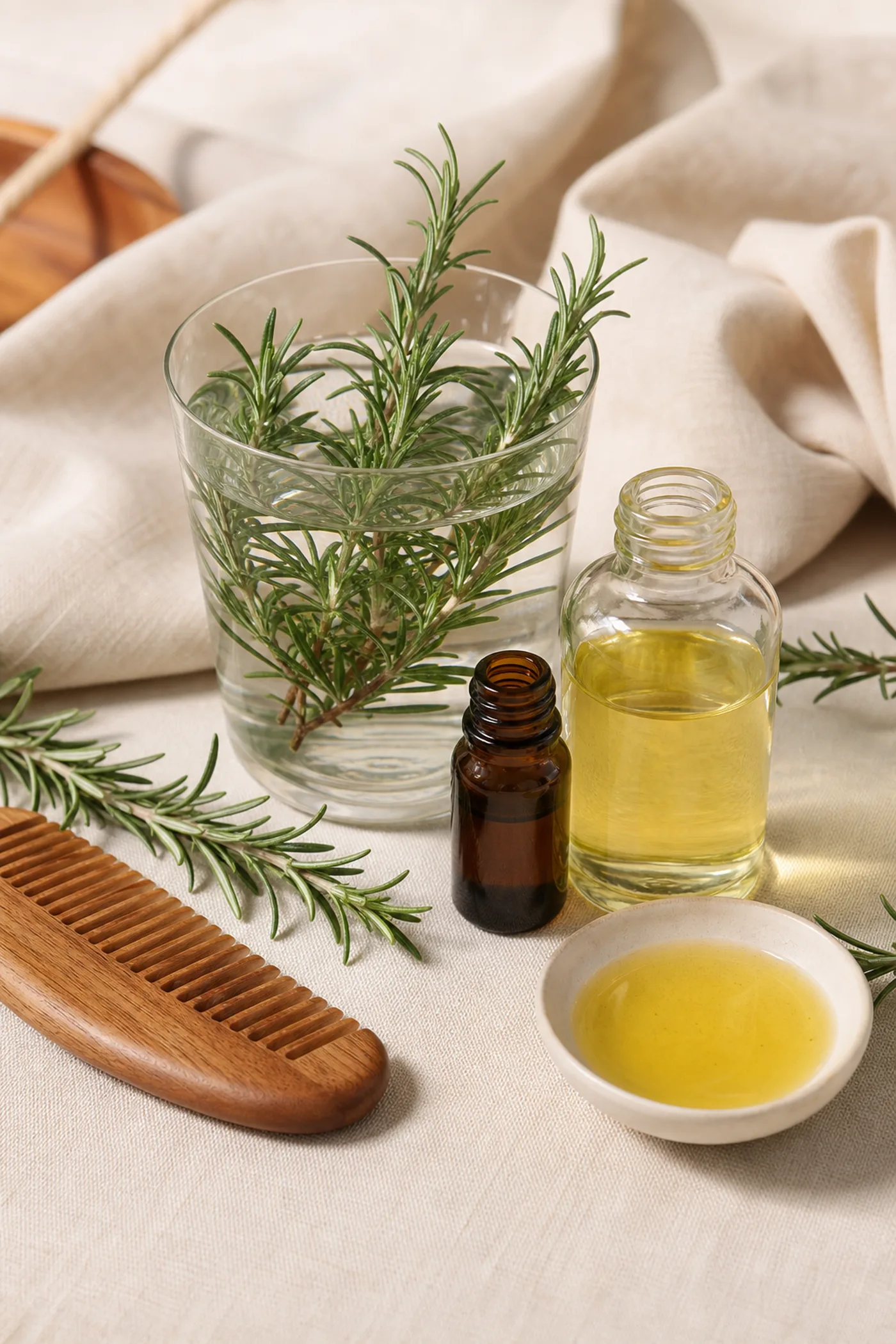 Rosemary water, rosemary oil, jojoba oil and a wooden comb on beige linen