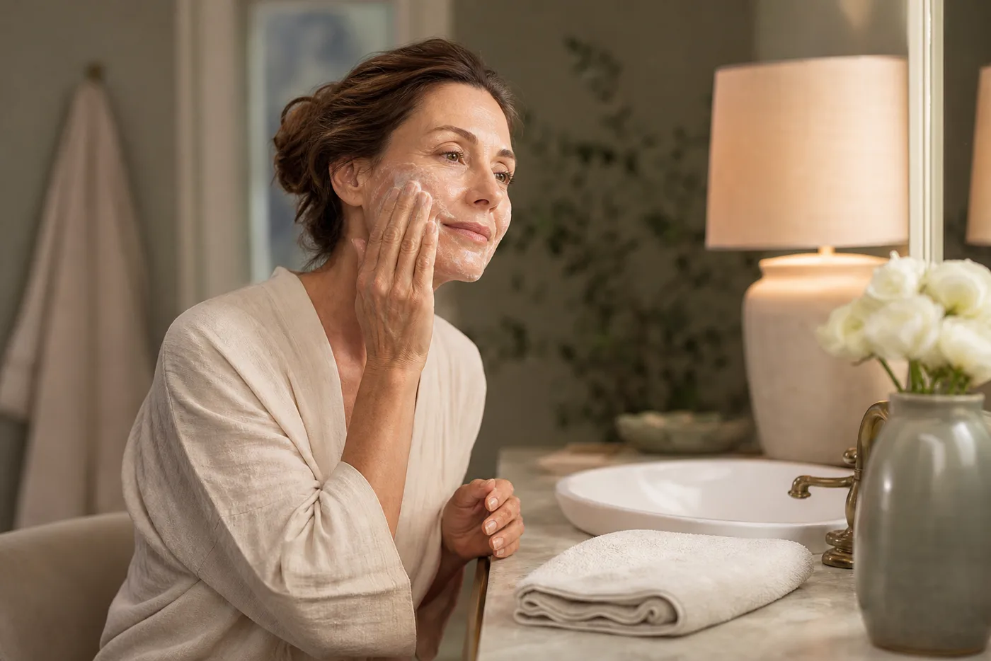 Woman over 40 doing a simple night skincare routine