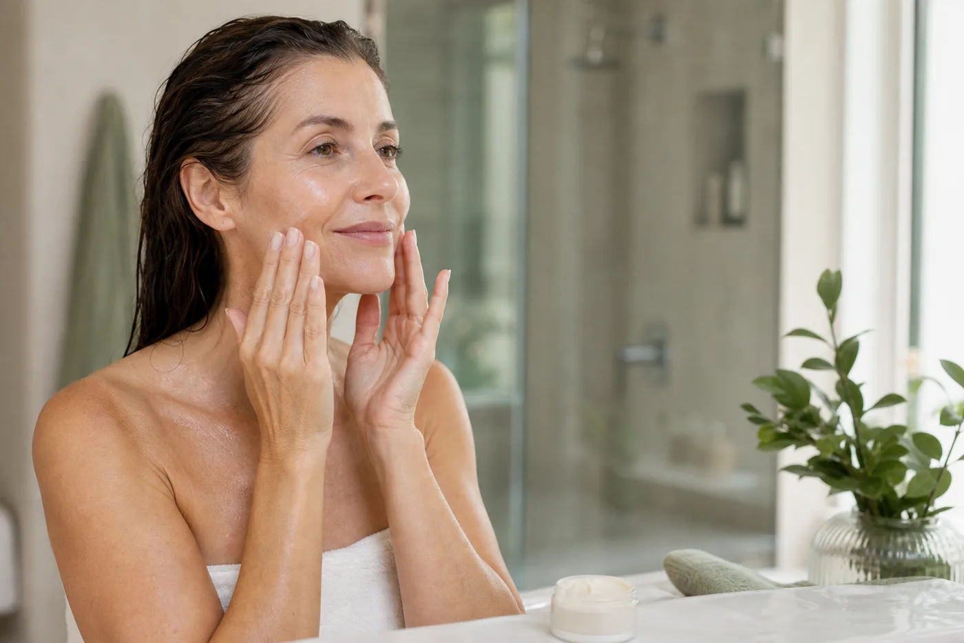 Mature woman pressing moisturizer into clean skin after cleansing