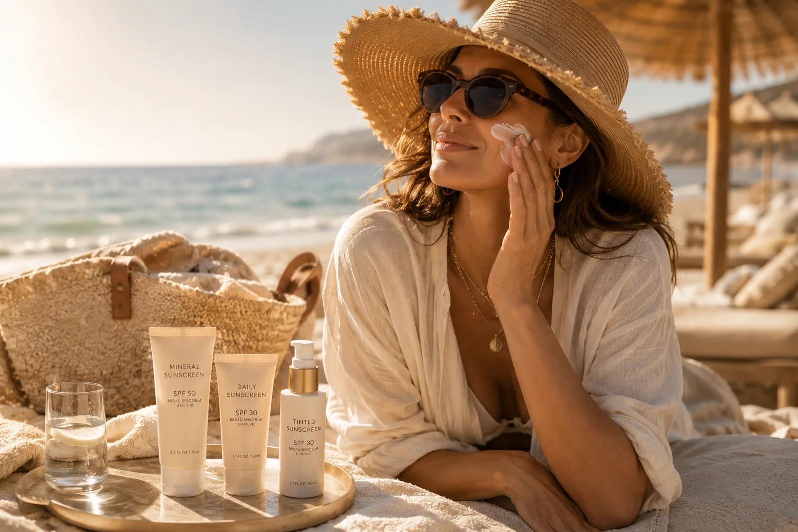 Woman in a sun hat applying sunscreen on a bright summer beach.