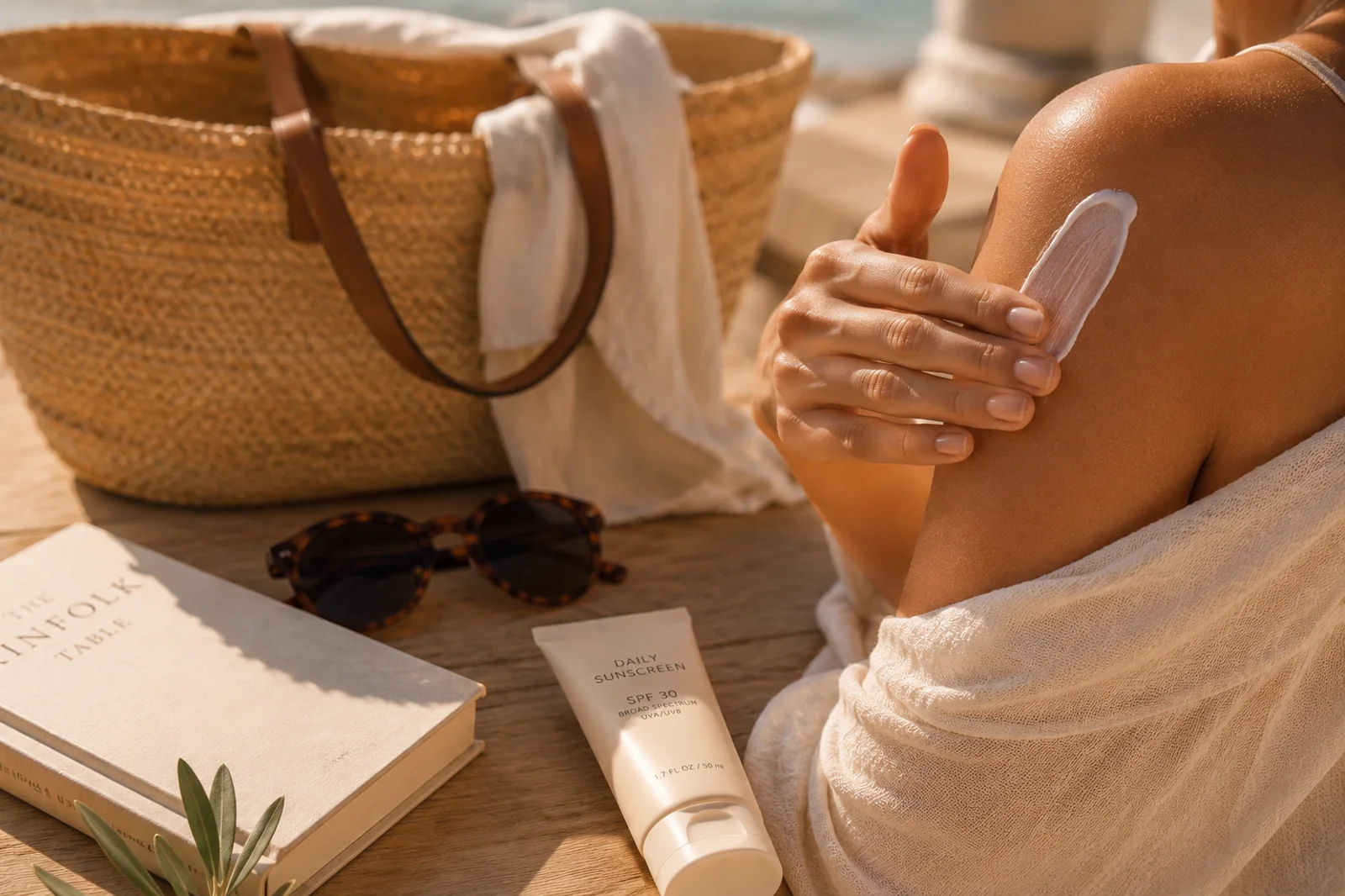 Close-up of sunscreen being applied to the shoulder beside a beach bag and sunglasses.