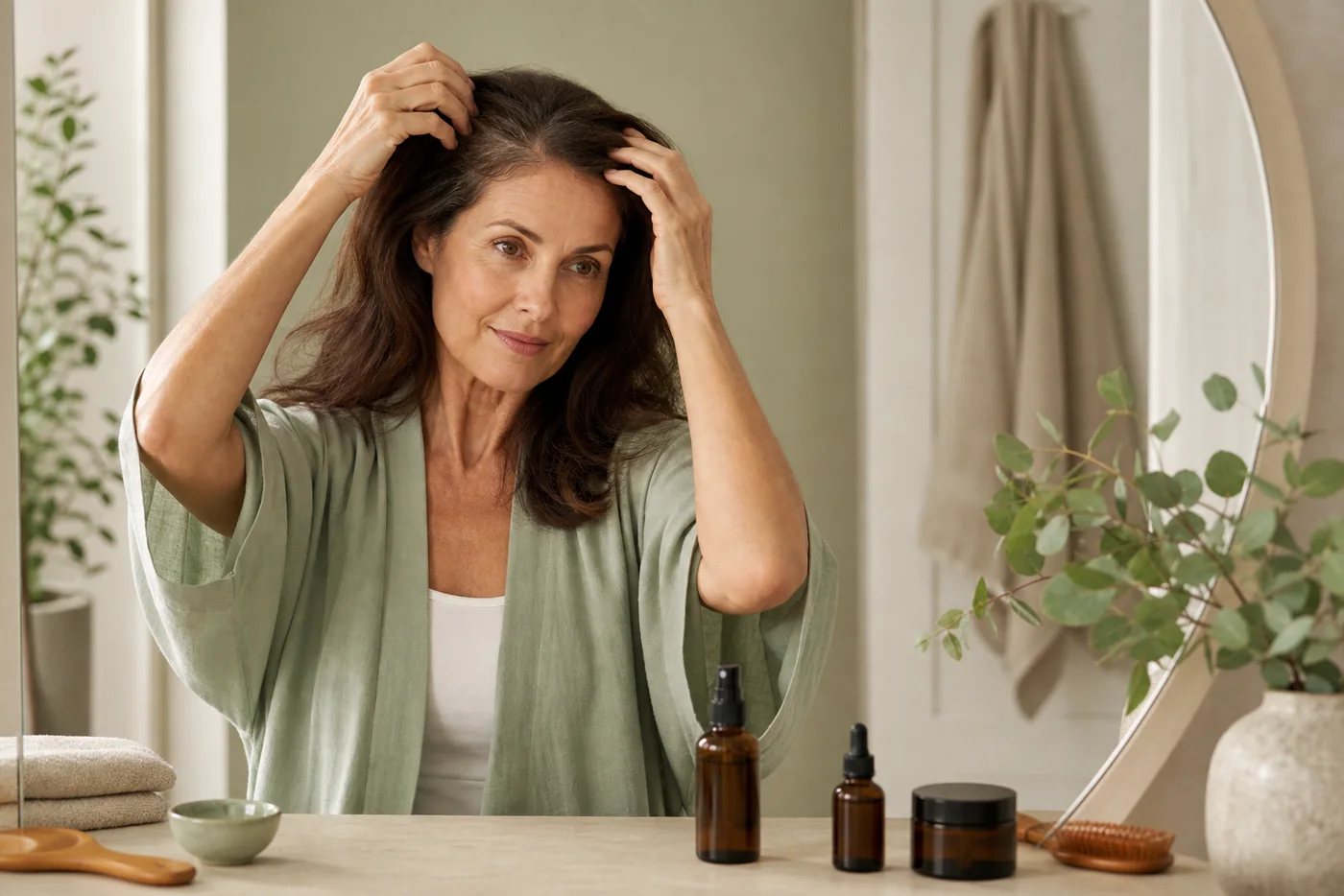Woman over 40 checking thin hair in a soft beauty routine