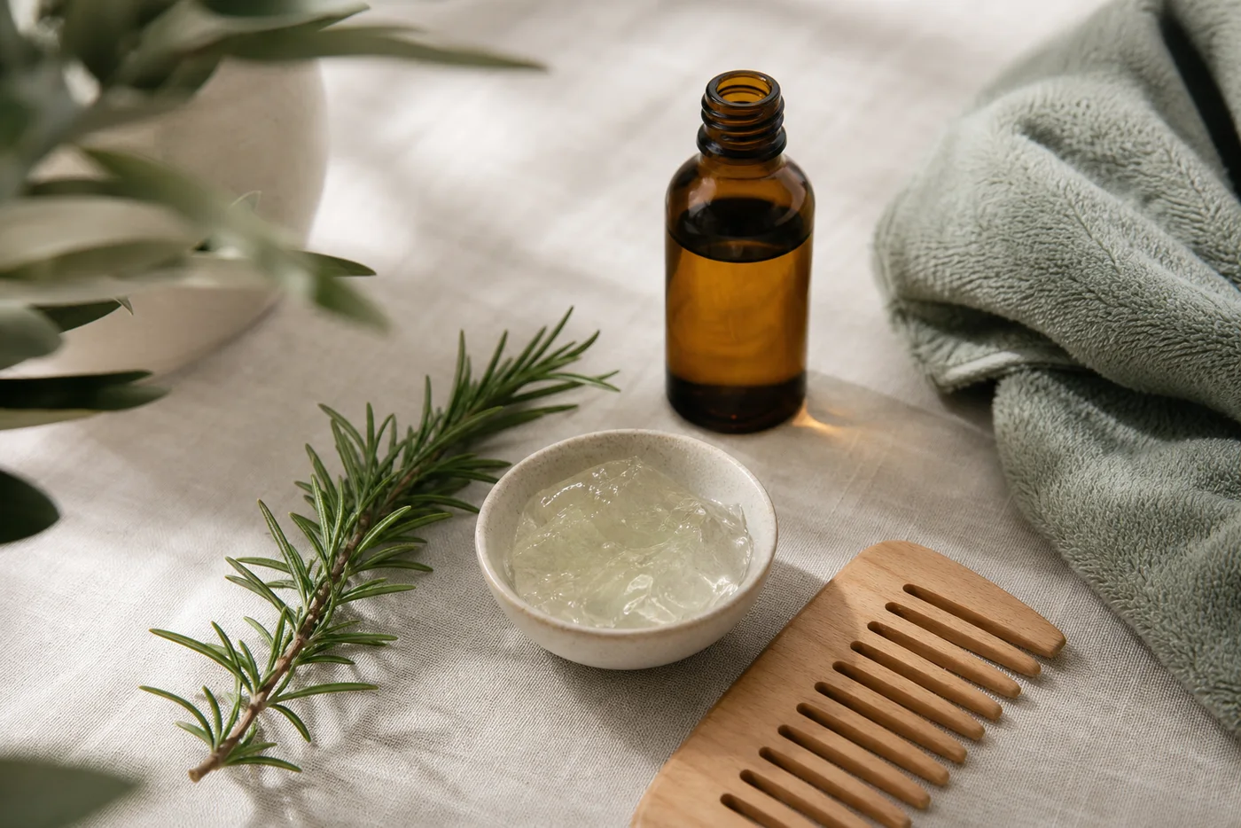 Rosemary, aloe gel, jojoba oil and wide tooth comb for a gentle hair ritual