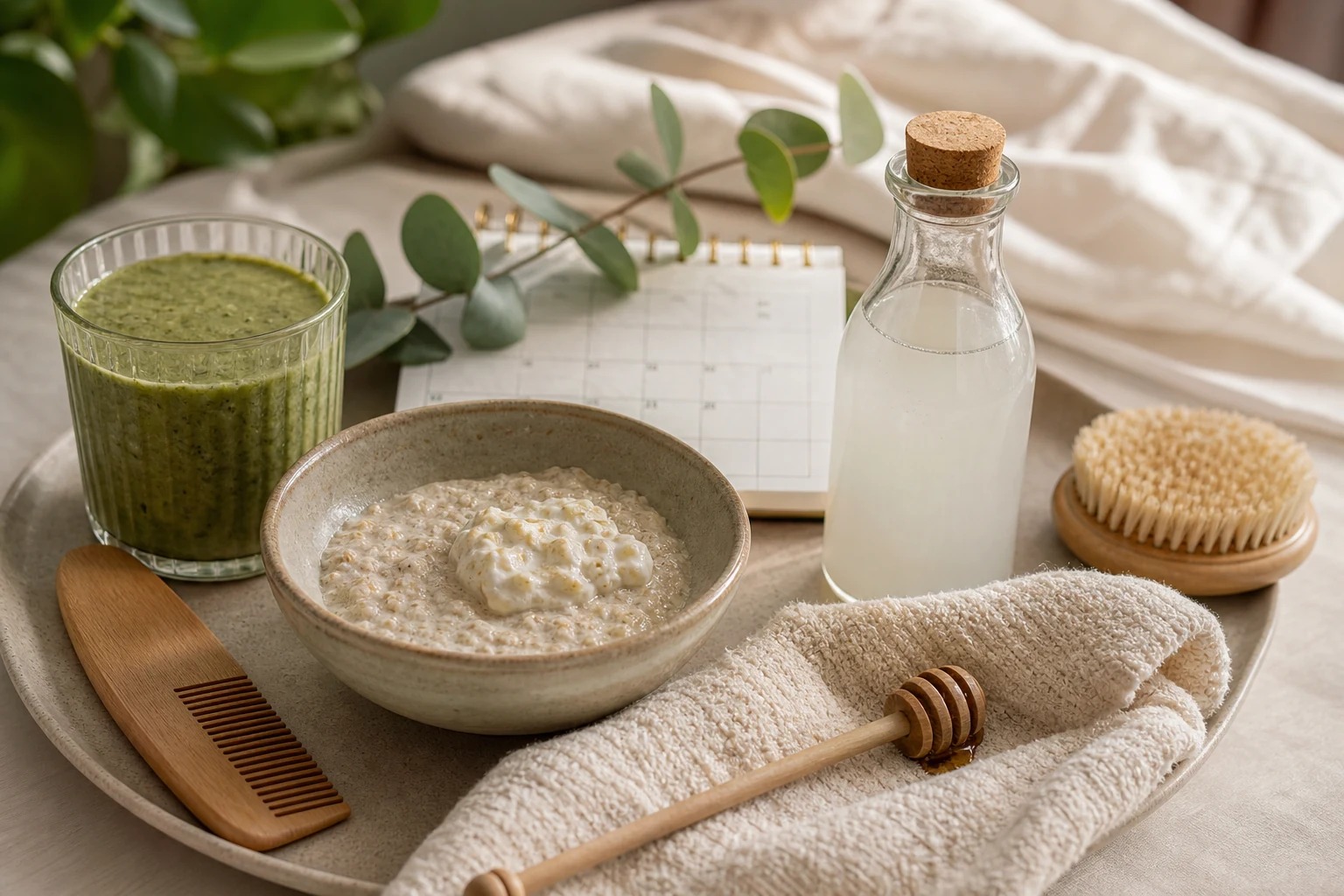 At-home weekly beauty ritual tray with oat mask, honey, rice water, smoothie, towel and planner.