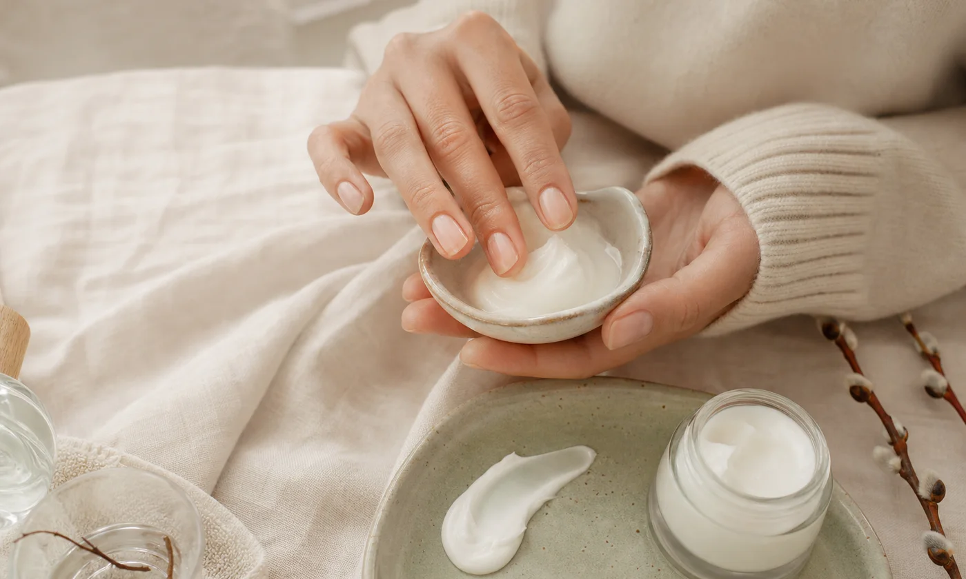 Hands preparing cream cleanser and moisturizer for a gentle winter skincare routine
