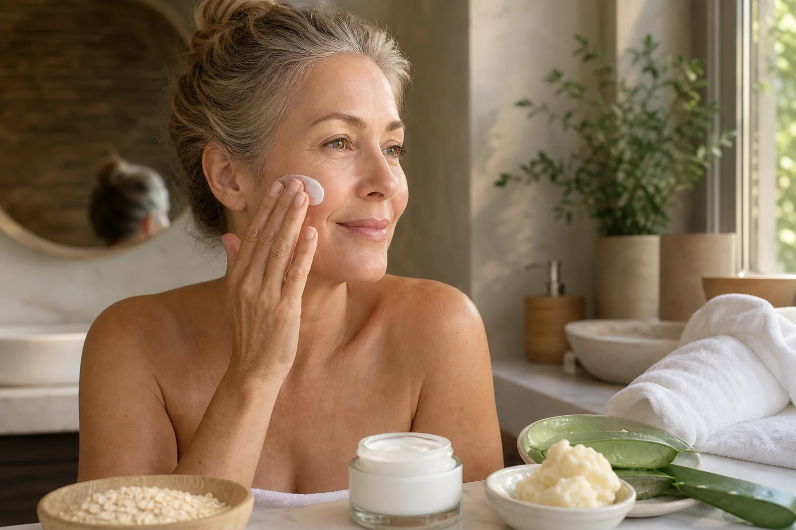 Mature woman applying moisturizer in a calm Glow Rituals skincare setting with aloe, oats and shea butter.