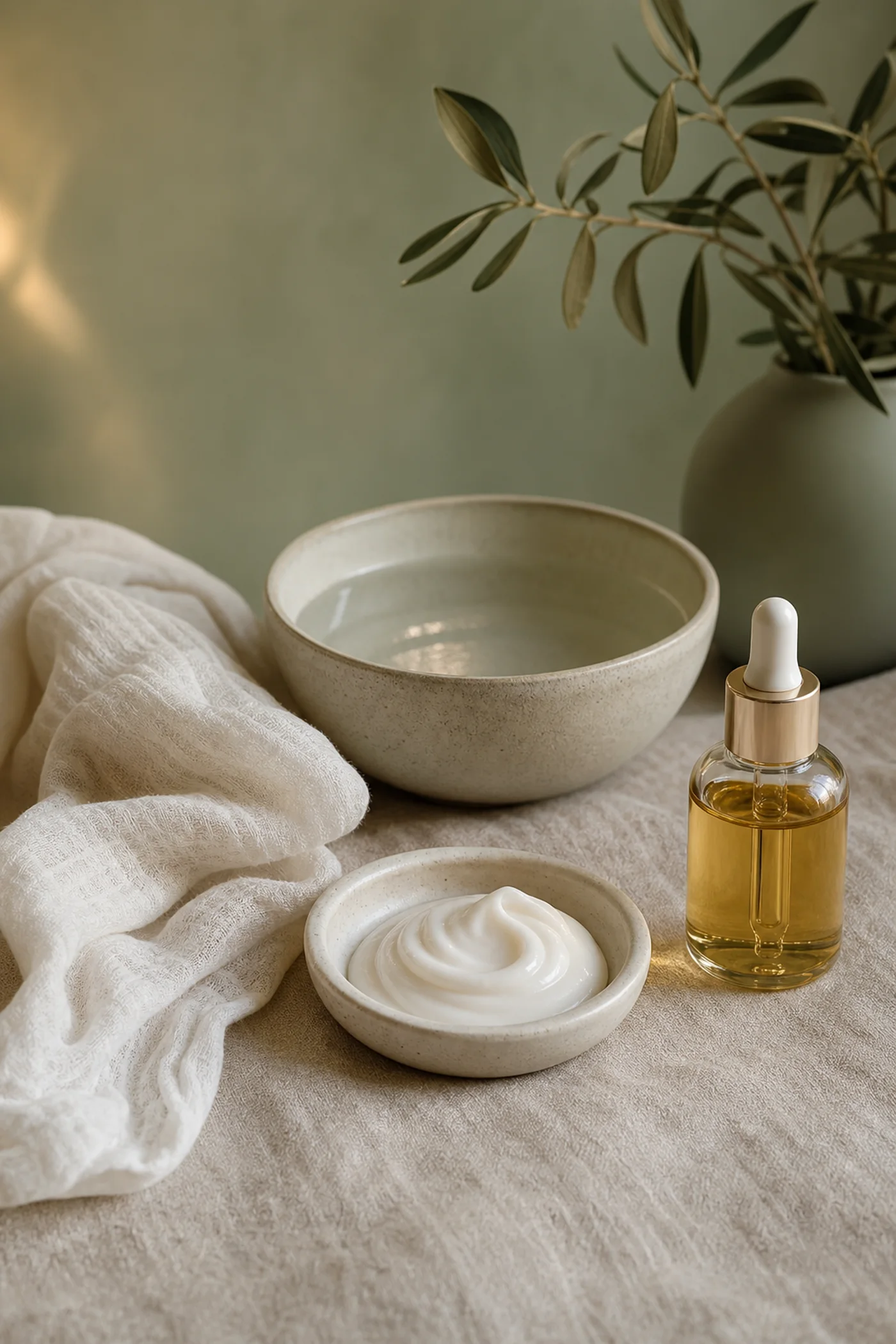 Cream cleanser, soft cloth, water bowl and face oil for a gentle evening routine