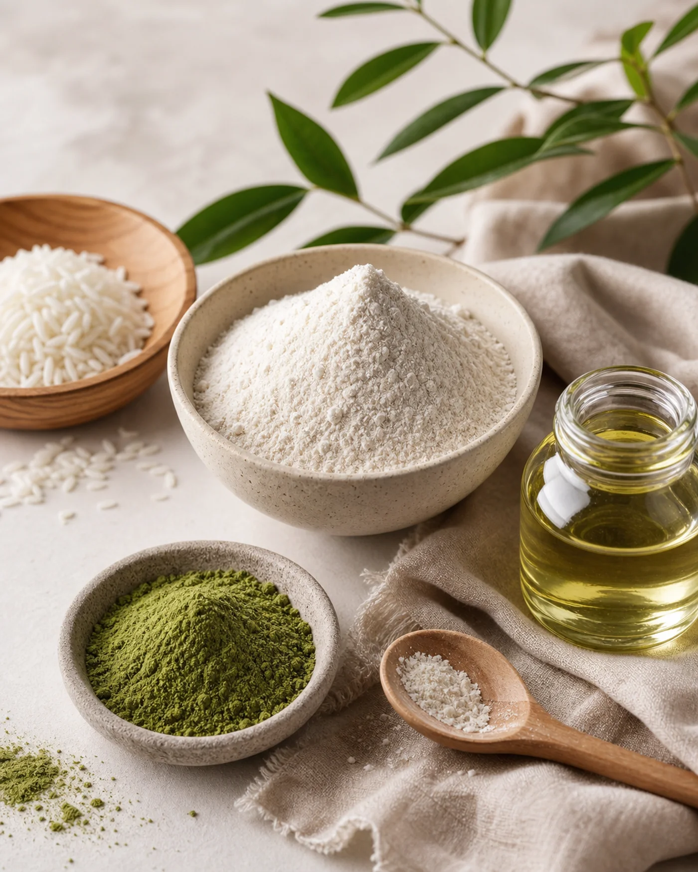 Green Tea Rice Flour Body Polish ingredients in a calm beige Glow Rituals still life