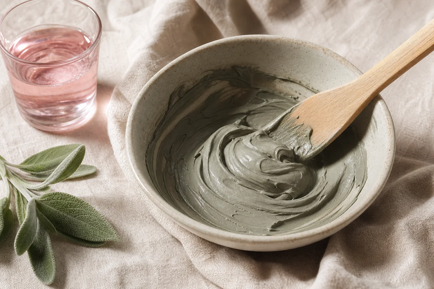 Soft clay mask mixture in a ceramic bowl with rose water