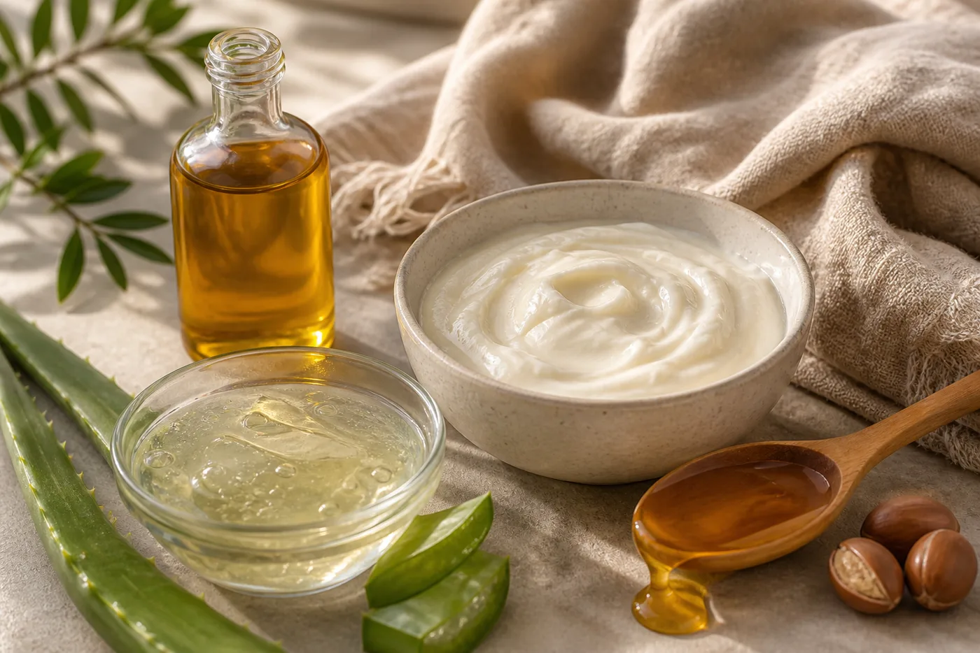 Aloe gel, argan oil and honey for a simple dry hair mask