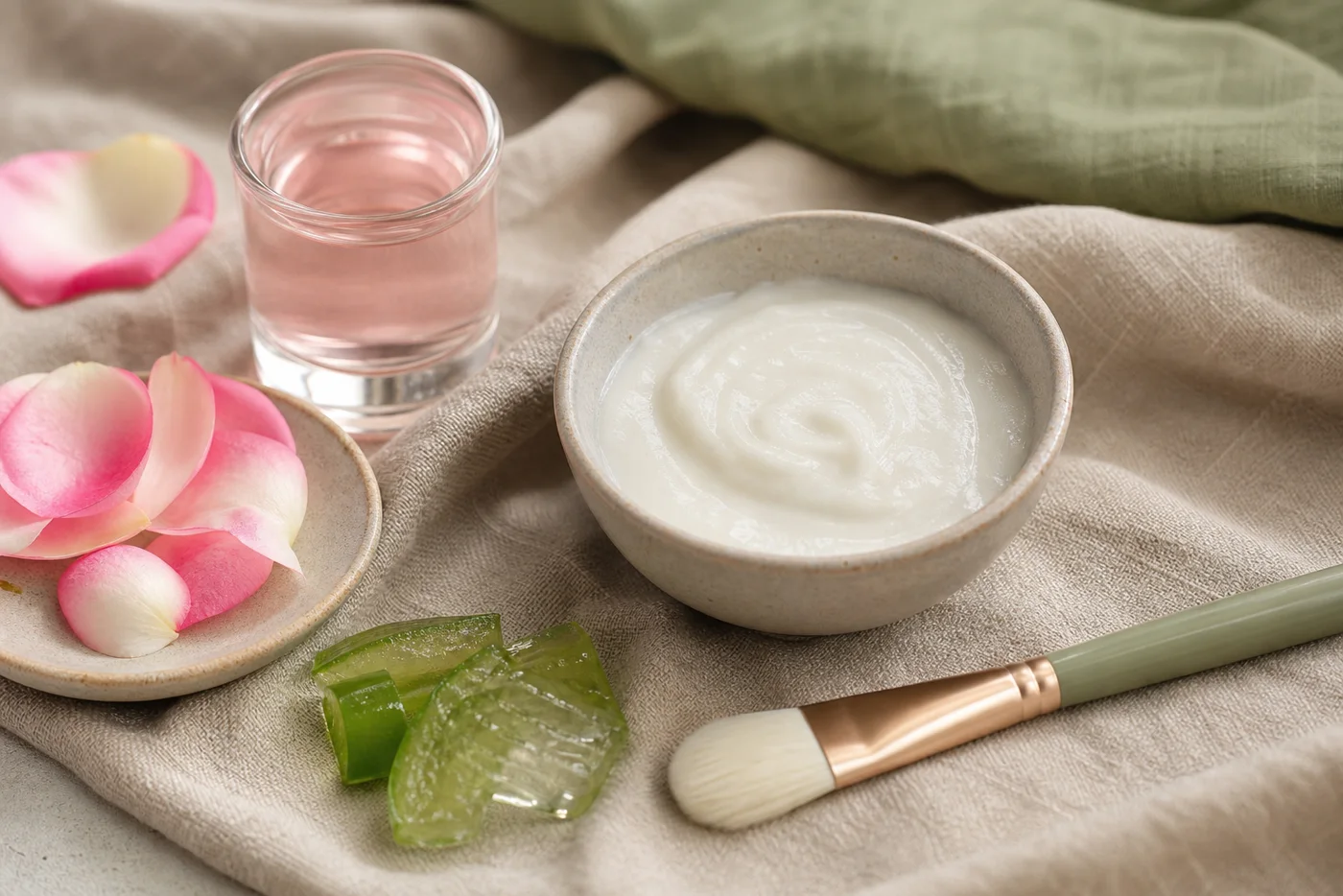 Rose water, rice flour and aloe mask in a ceramic bowl