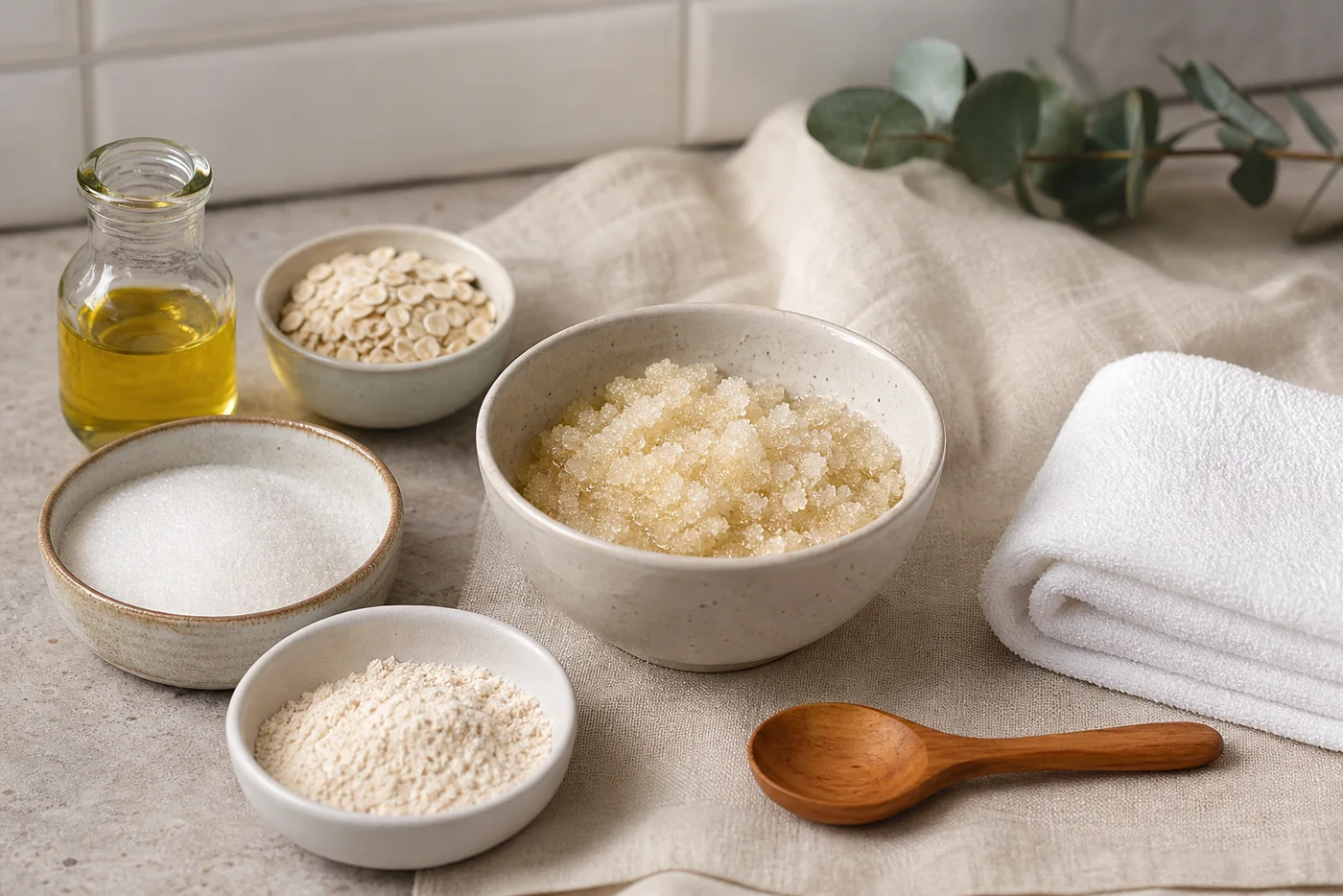 Fine sugar, oat flour and jojoba oil for an elbow and knee scrub