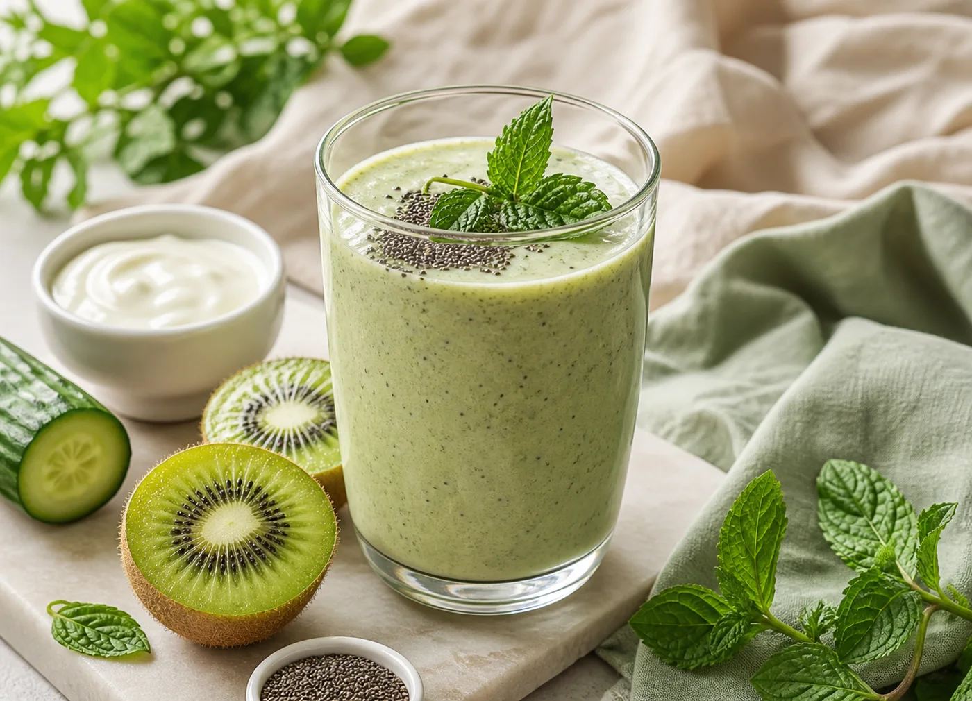 Kiwi cucumber chia smoothie with mint