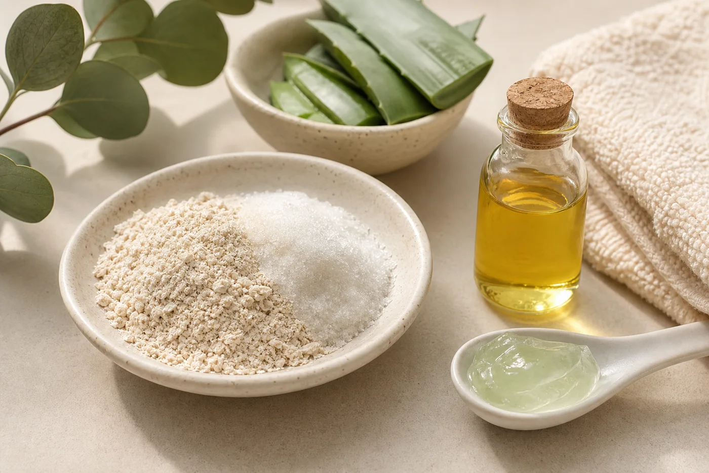 Oat flour, fine sugar, aloe gel and jojoba oil for a sensitive body scrub
