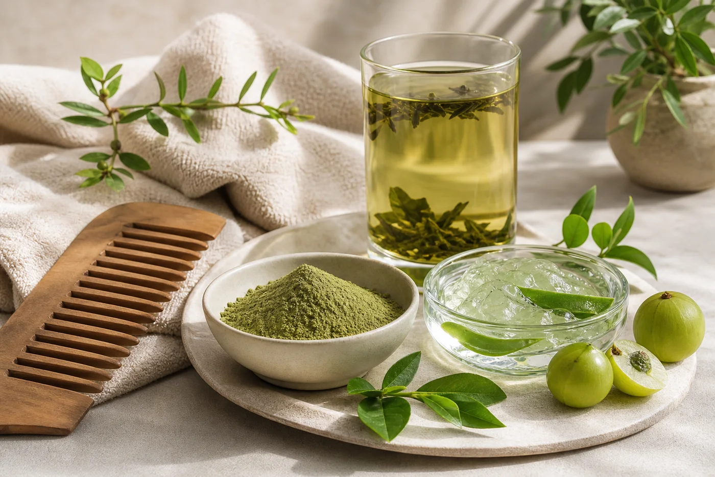 Amla powder aloe gel green tea and comb for a soft hair rinse