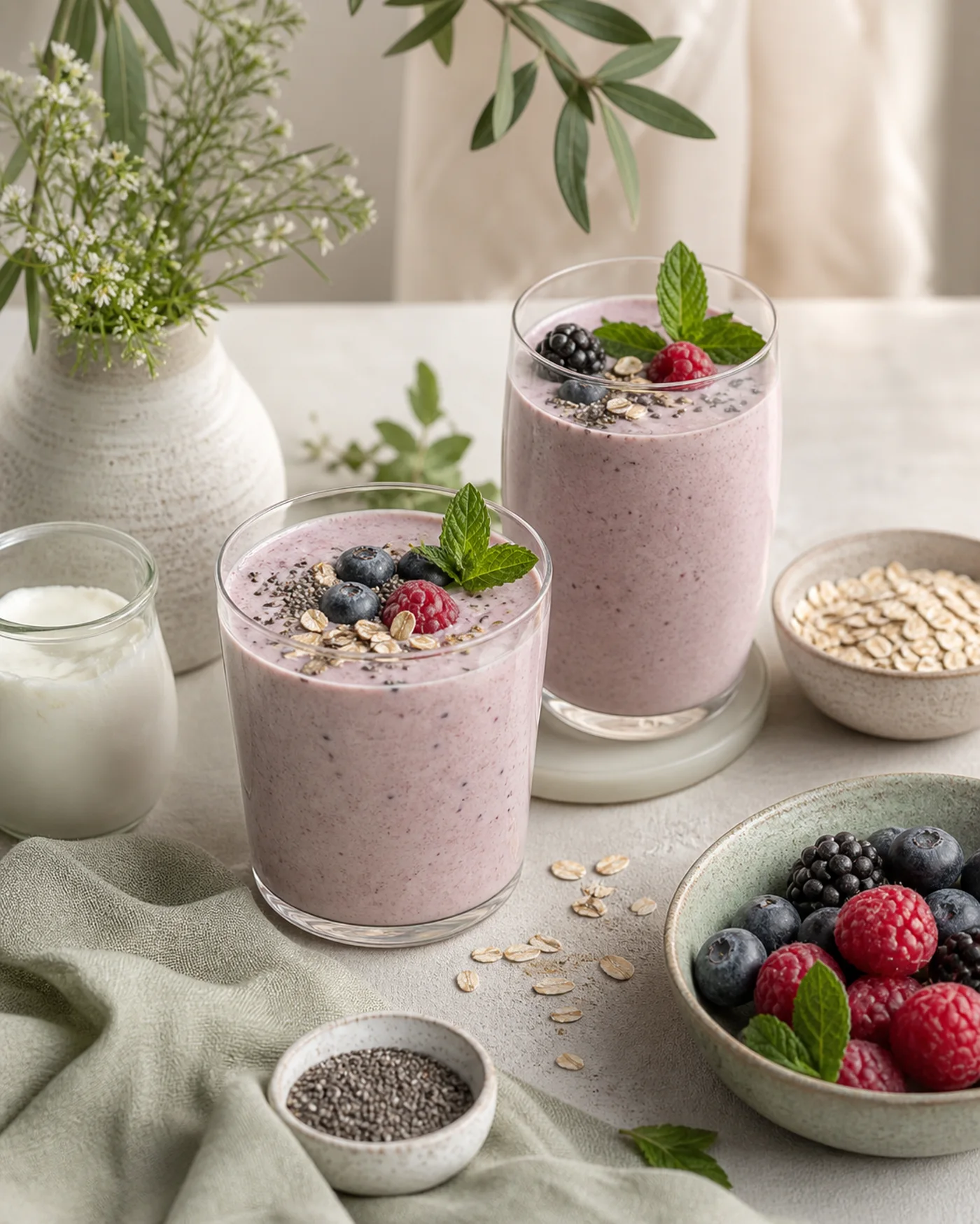 Berry yogurt smoothies with oats and chia