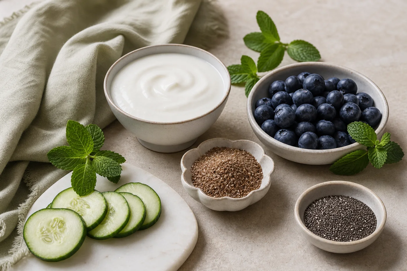 Yogurt blueberries cucumber chia flaxseed and mint for a gut friendly smoothie
