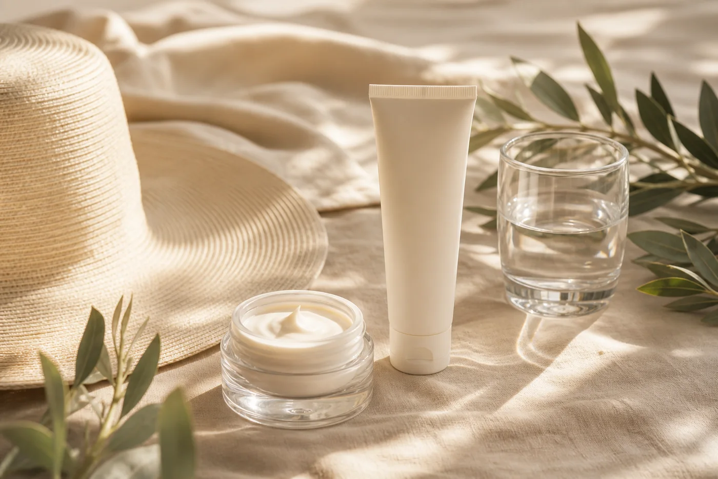 Sunscreen moisturizer and summer hat for morning skin prep
