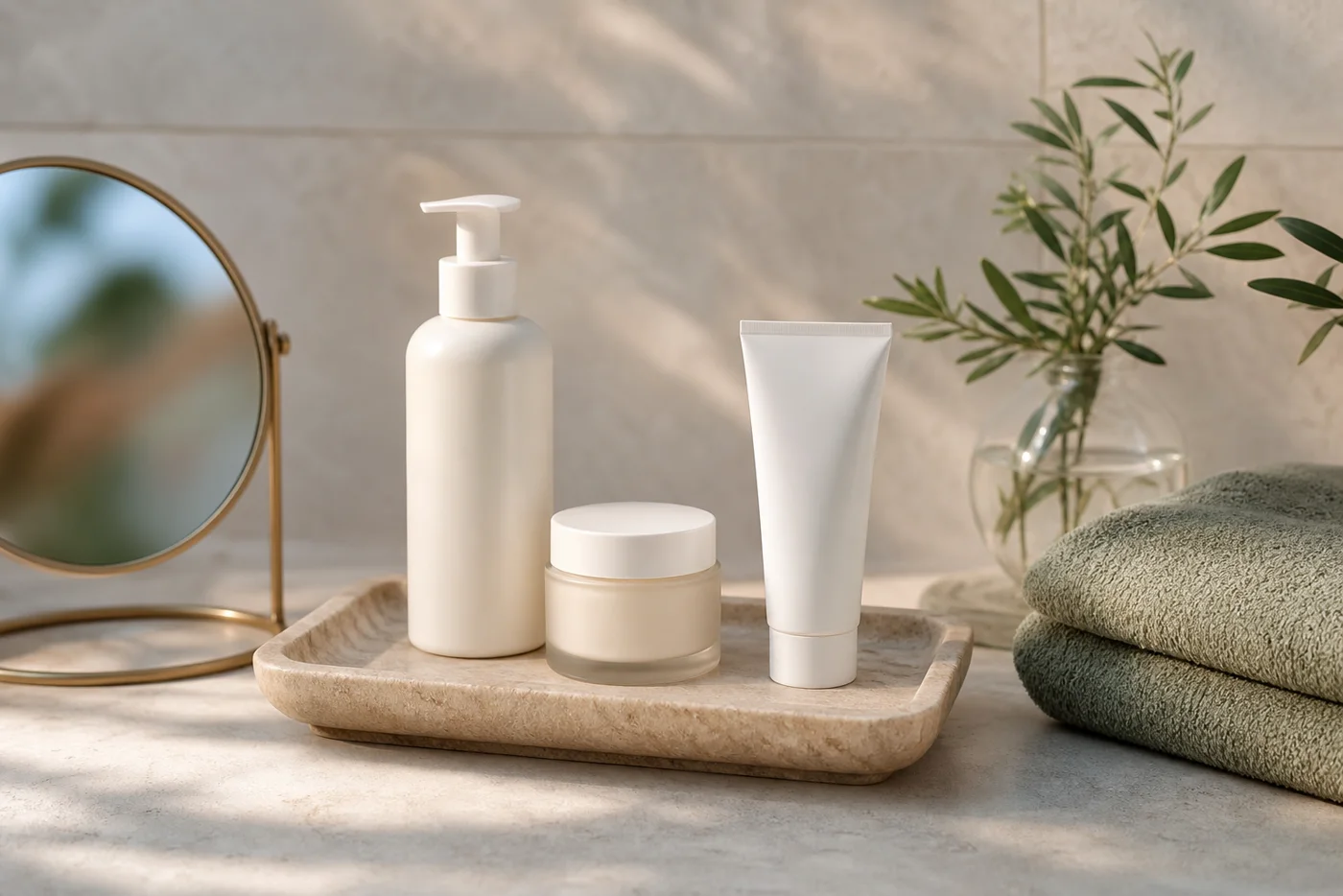 Morning skincare cleanser moisturizer and sunscreen on a stone tray
