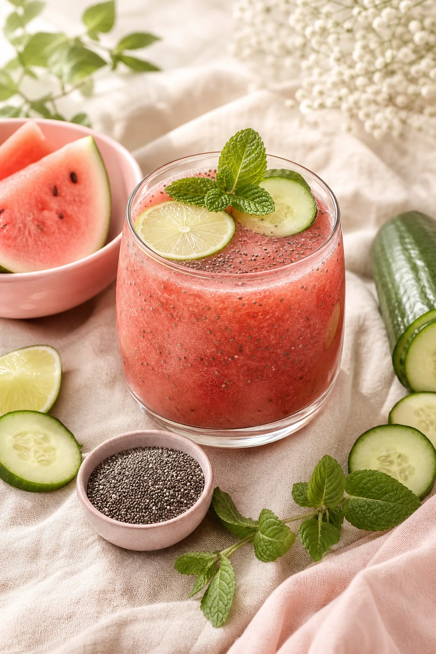 Watermelon cucumber lime chia smoothie