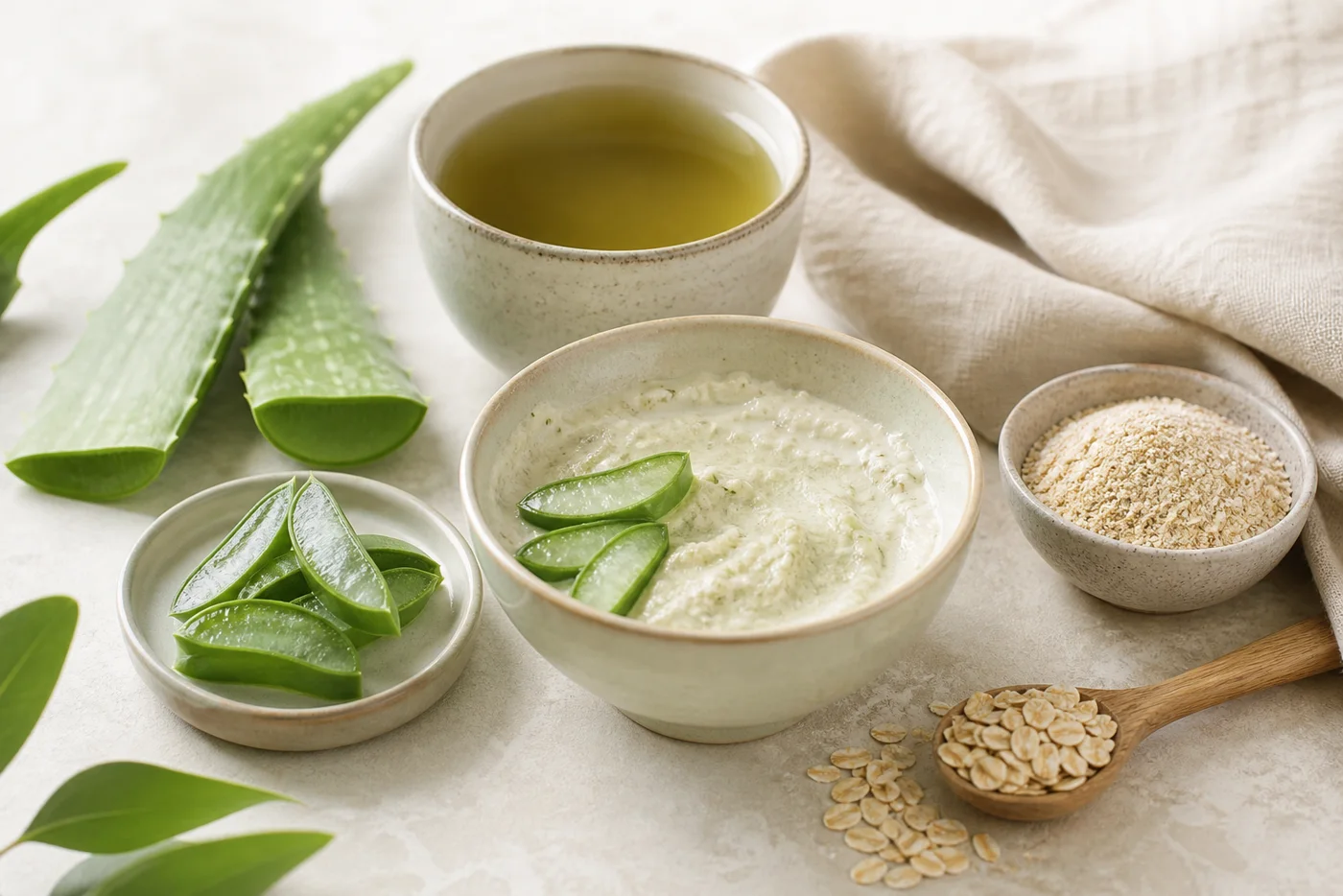 Aloe green tea oat face mask in a ceramic bowl