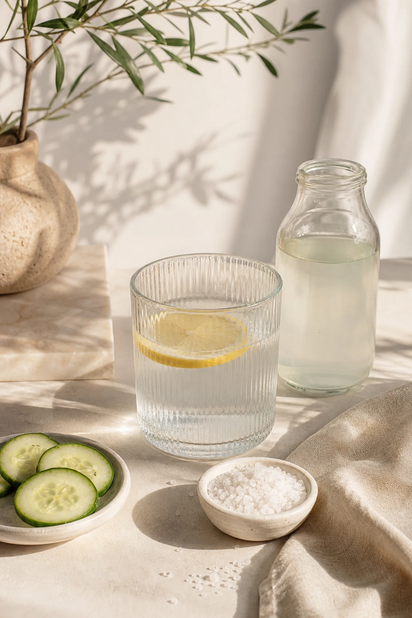Mineral water cucumber lemon and sea salt for summer hydration