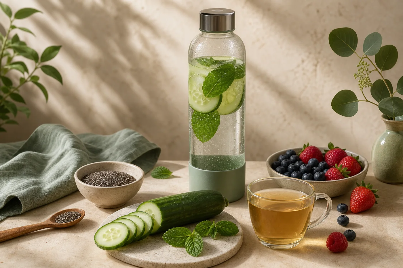 Water bottle chia seeds cucumber berries and herbal tea for summer hydration