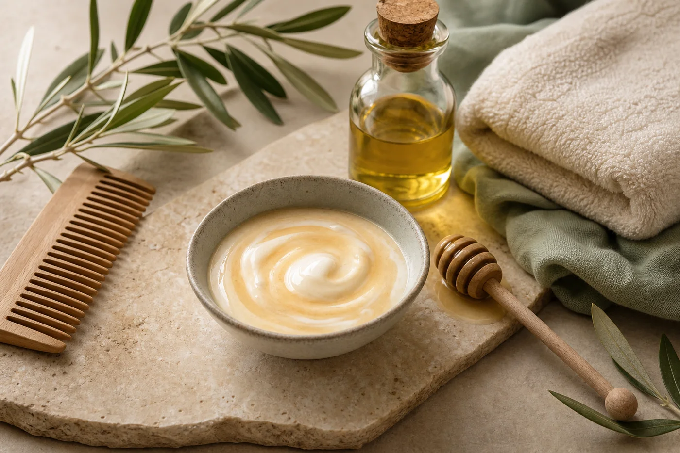 Yogurt honey and olive oil hair mask still life