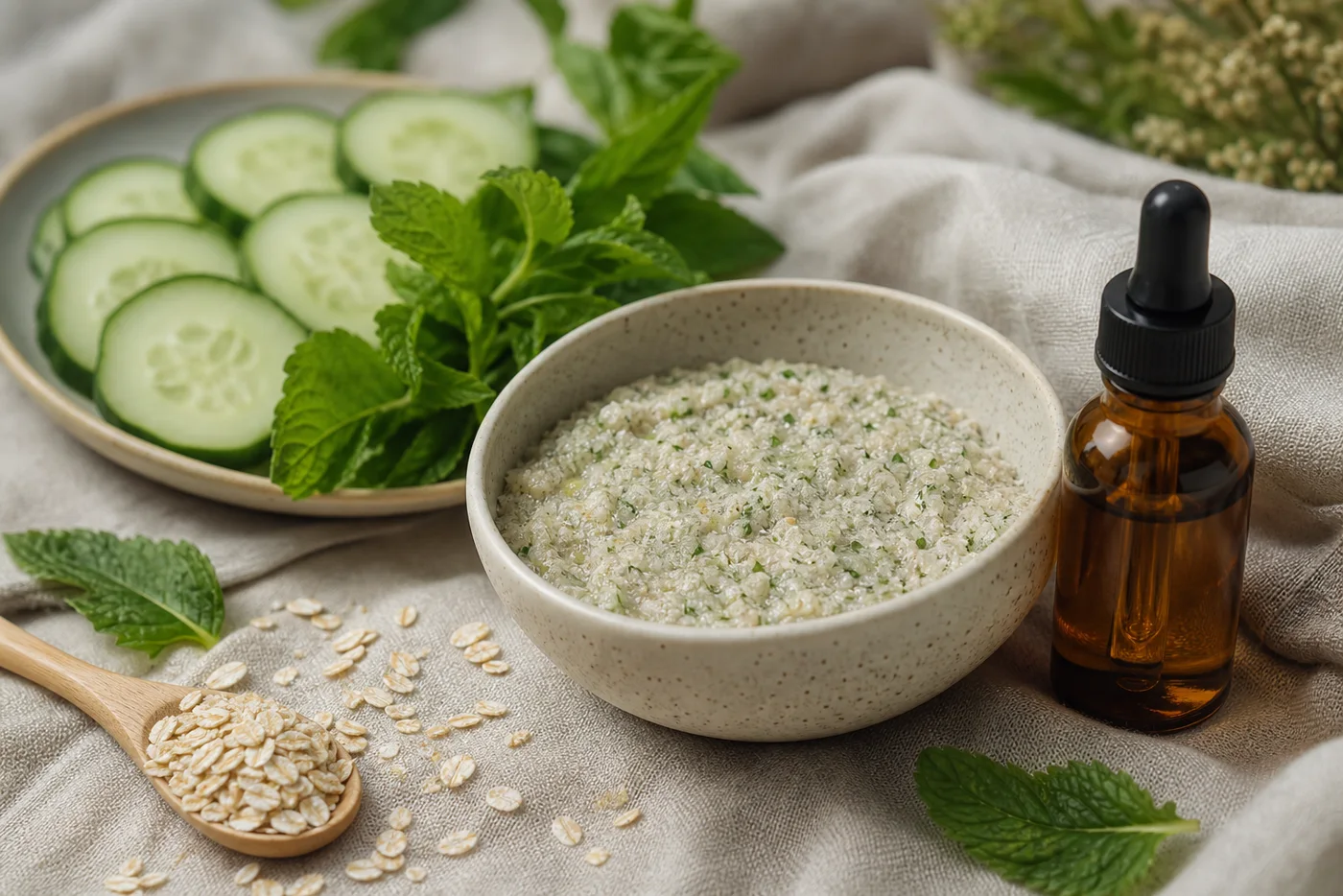 Cucumber mint oat body polish in a ceramic bowl