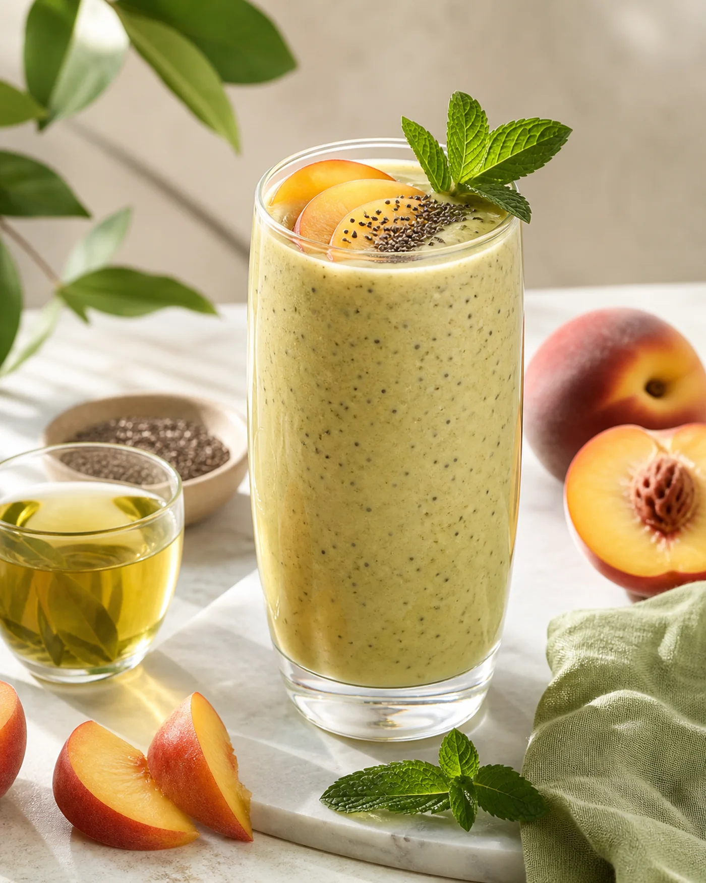 Peach green tea chia smoothie with mint