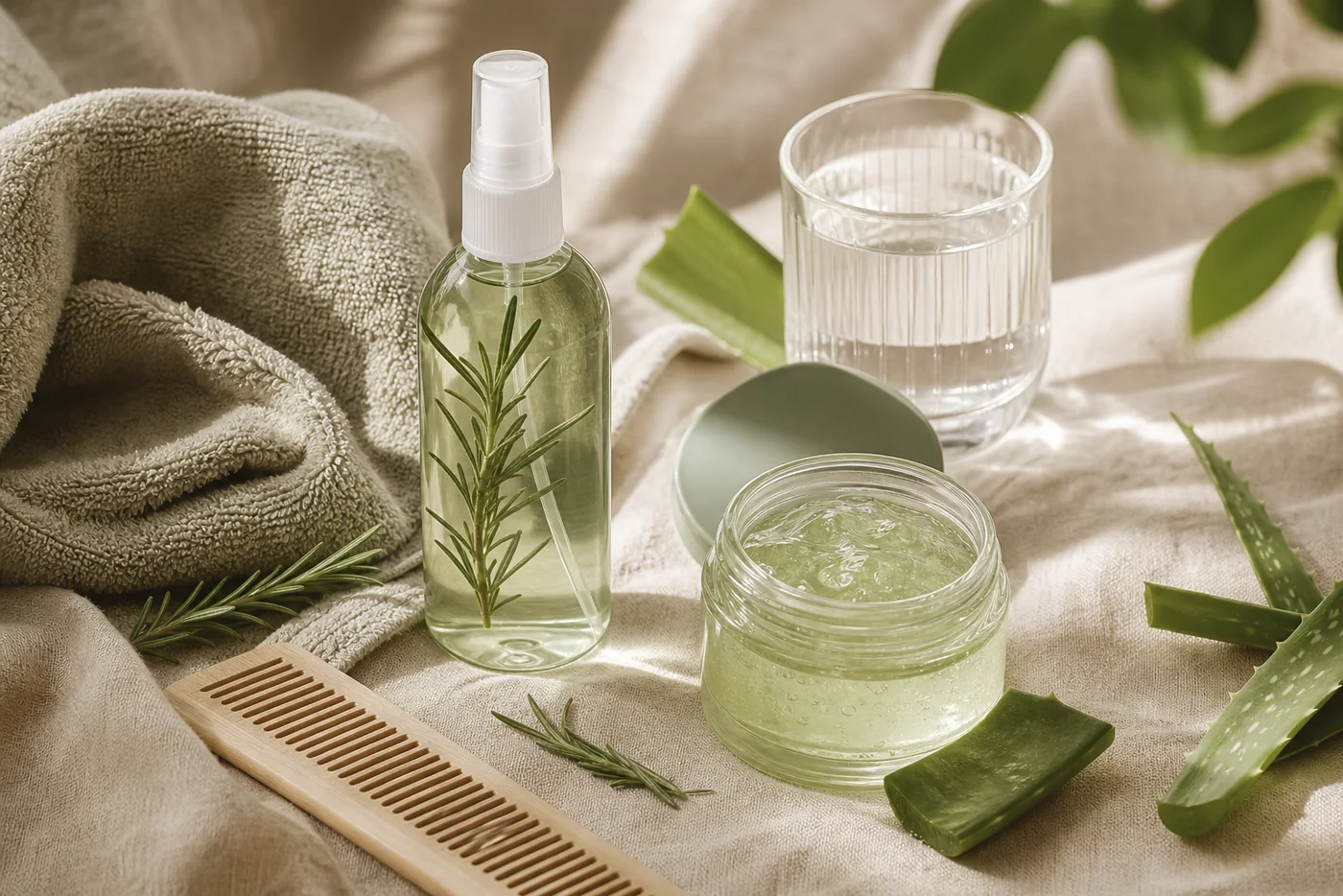 Rosemary water spray aloe gel comb towel and water for a light summer scalp routine