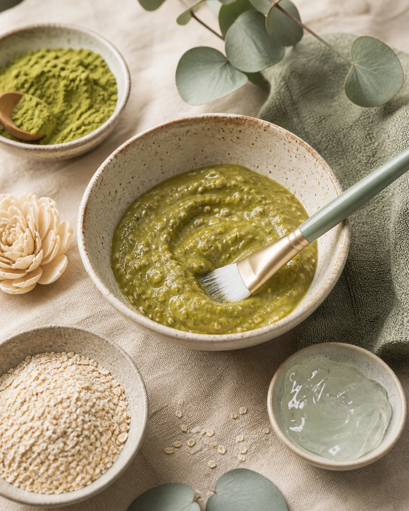 Matcha oat calm looking face mask in a ceramic bowl