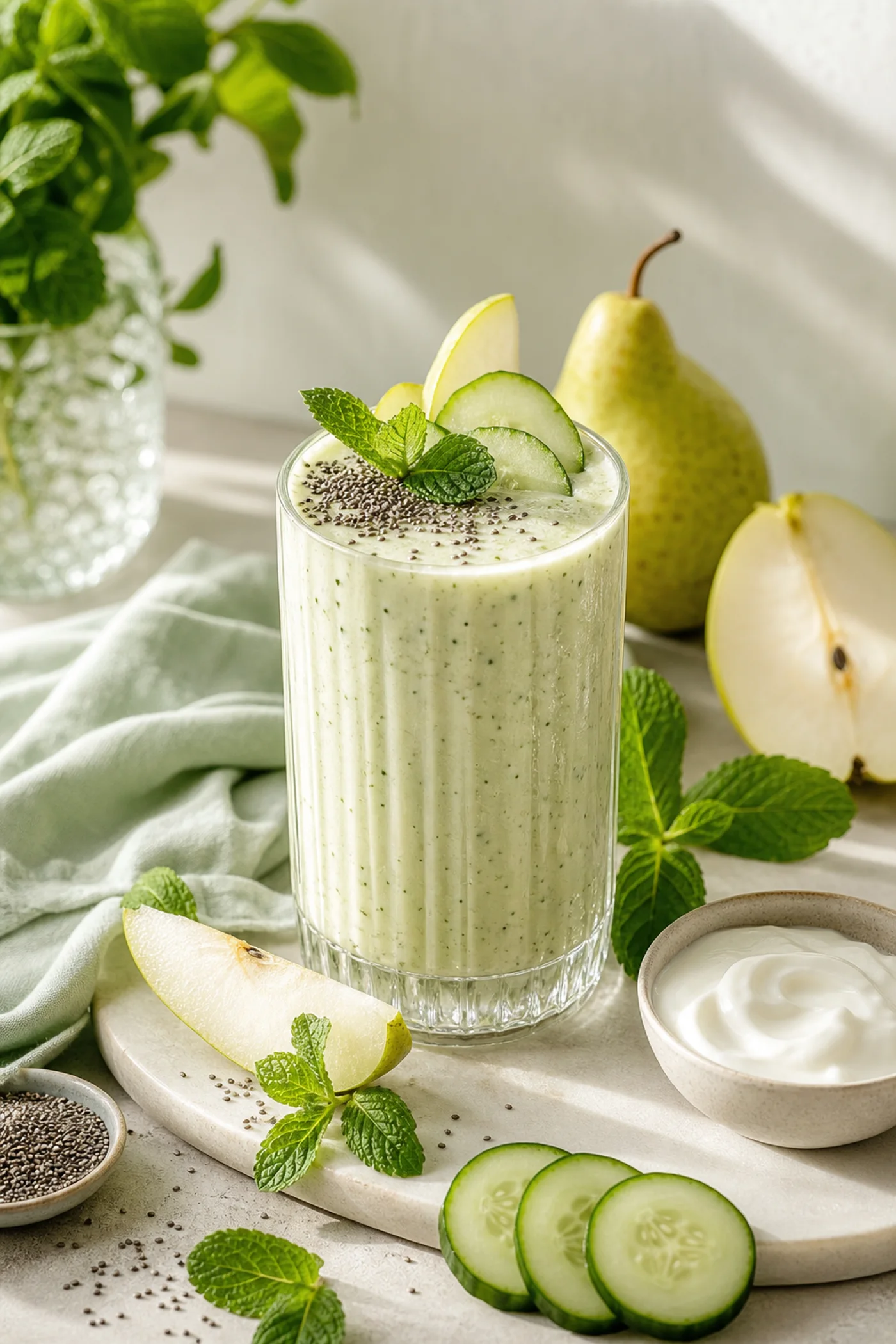 Pear cucumber mint kefir beauty smoothie with chia