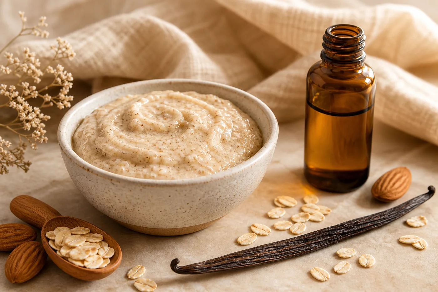 Almond oat vanilla body polish in a ceramic bowl with amber oil bottle