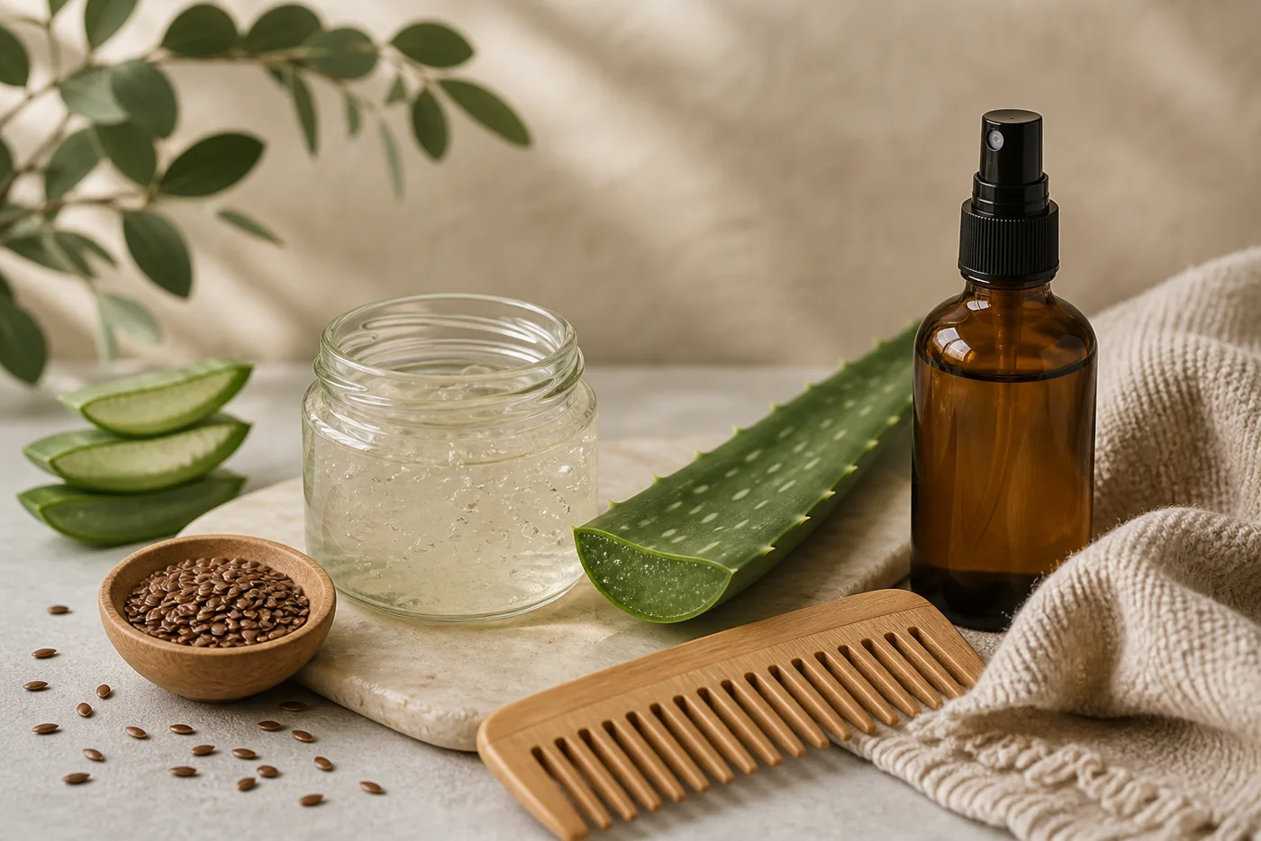 Flaxseed aloe leave-in gel with comb and unlabelled spray bottle
