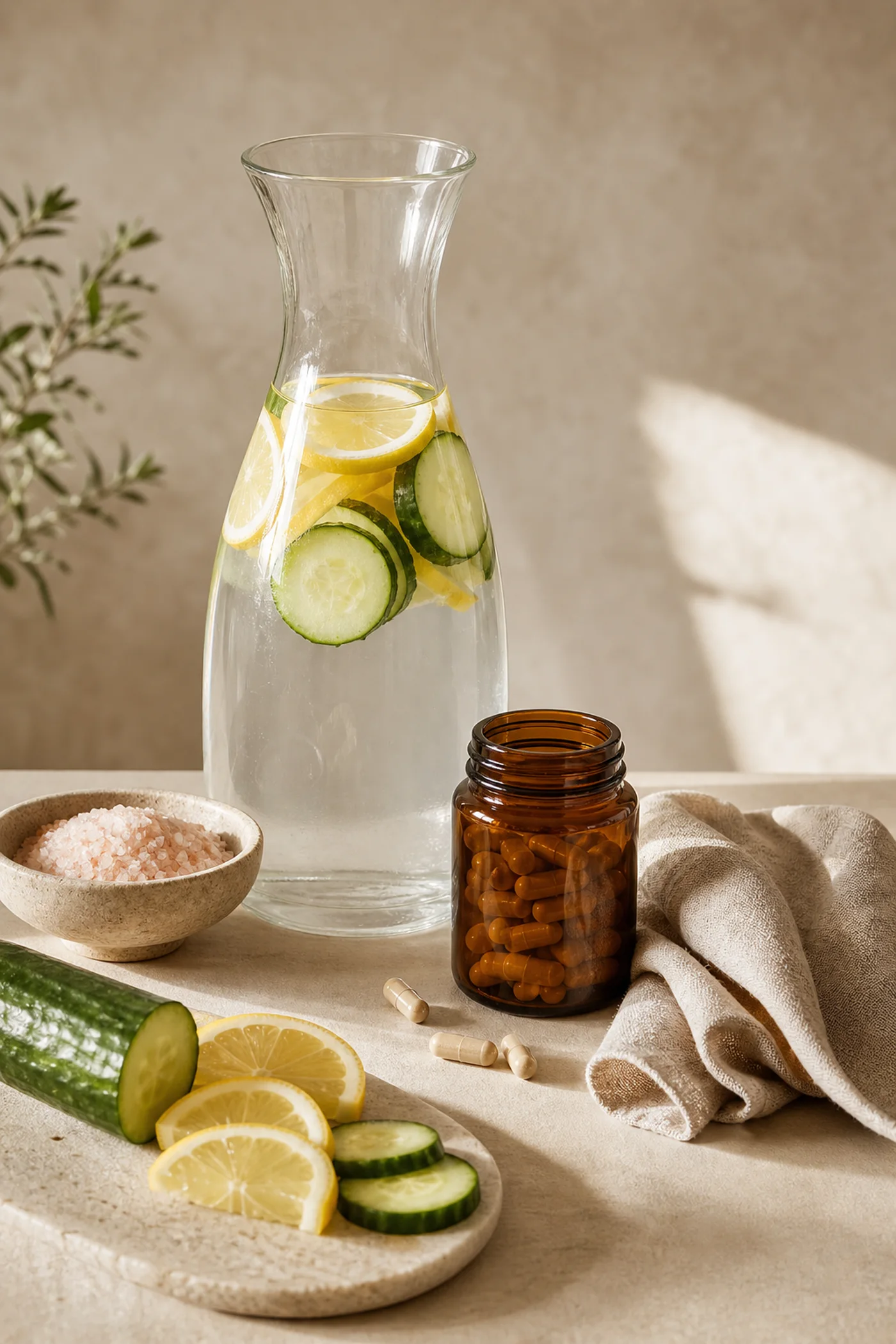 Mineral water lemon cucumber salt and capsules in a soft beige wellness still life