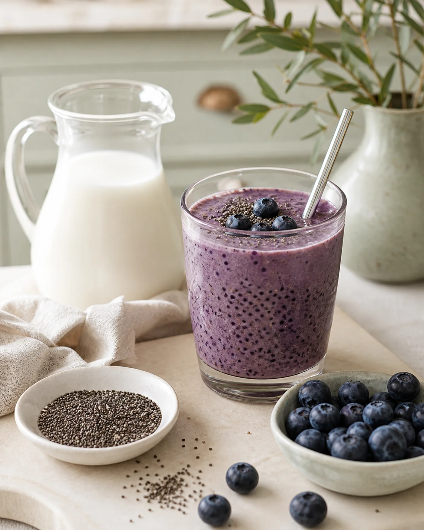 Blueberry kefir chia beauty smoothie with chia seeds and kefir pitcher