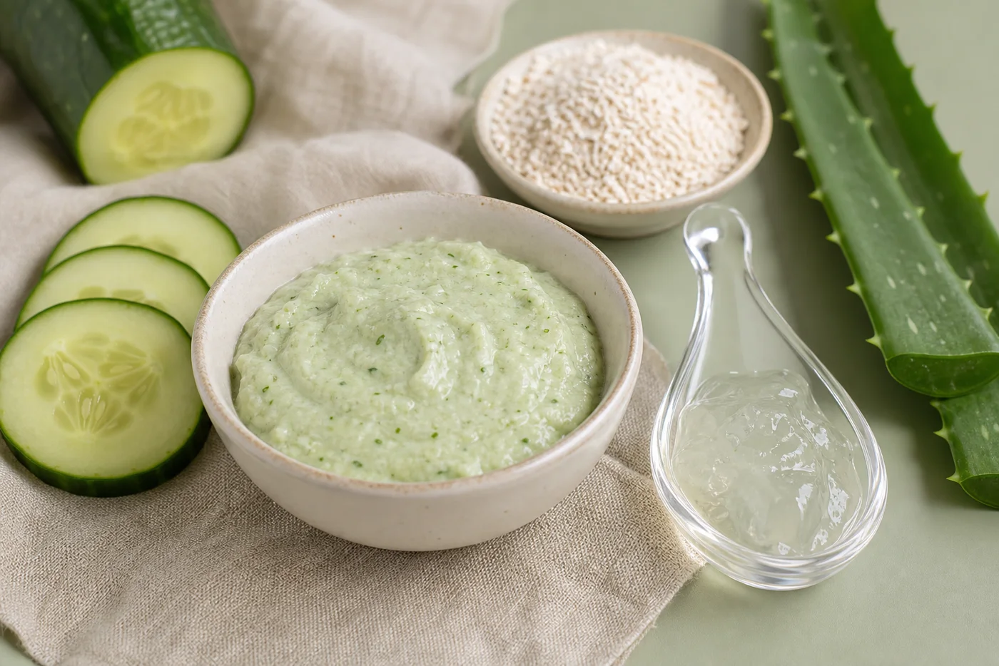 Cucumber aloe oat quick comfort face mask in a ceramic bowl