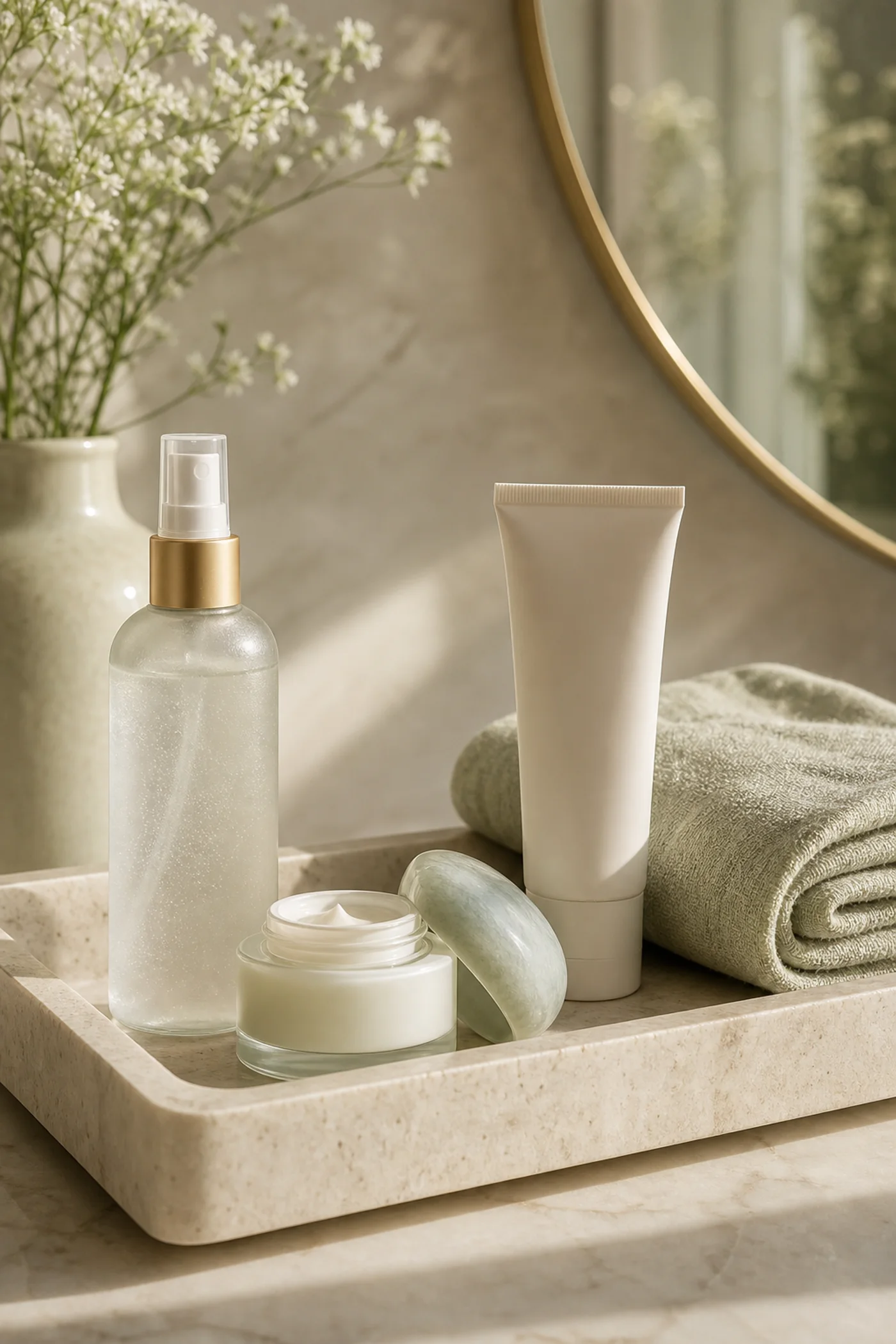 Unlabelled hydrating mist moisturizer and sunscreen for gentle skin prep
