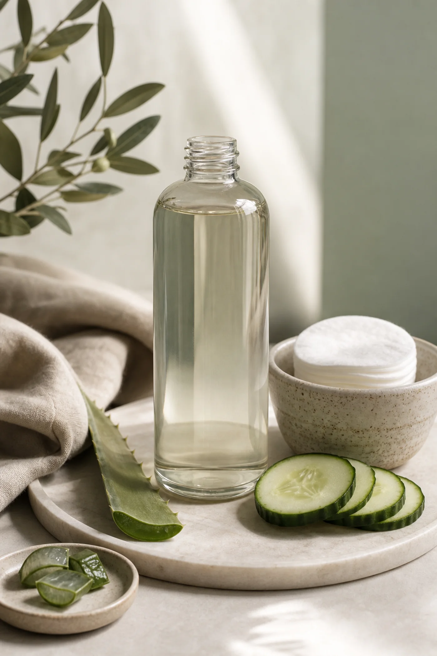 Hydrating toner cotton pads cucumber slices and aloe in a soft beige skincare still life