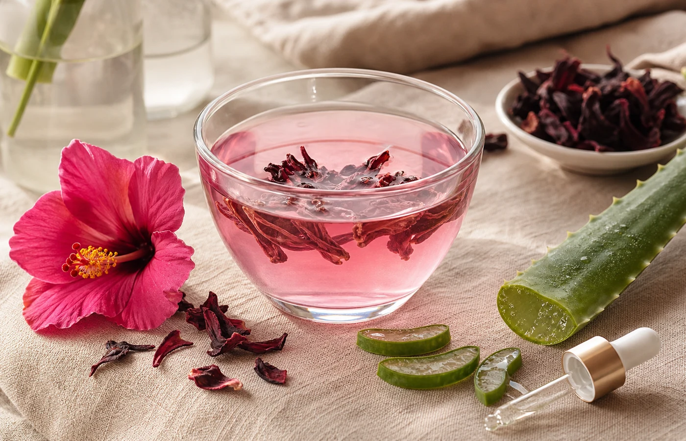 Pink hibiscus aloe scalp rinse with hibiscus flower, aloe and glass bowl