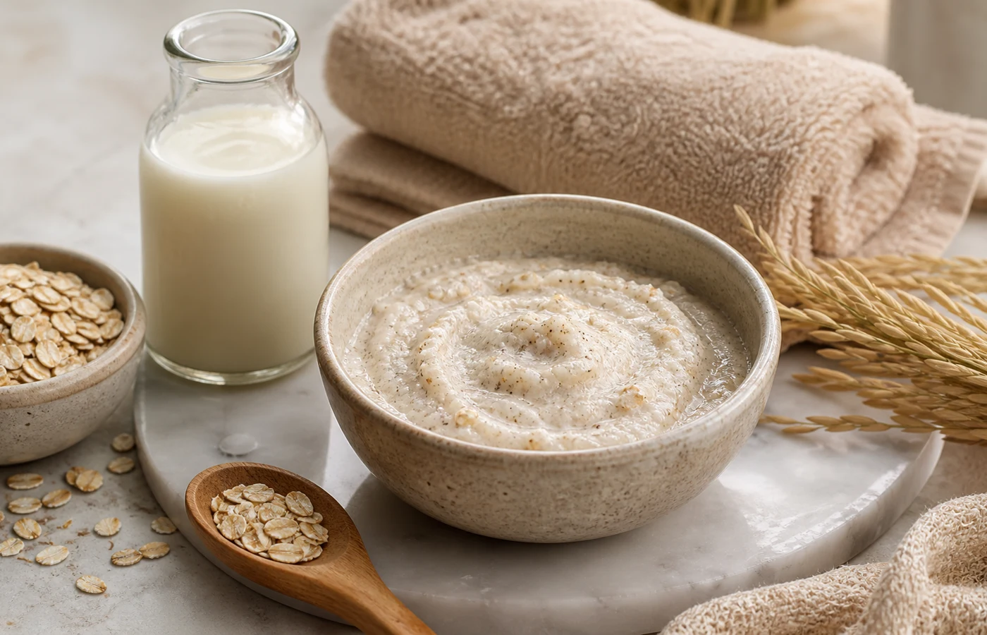 Rice milk oat body polish in a ceramic bowl with rice and almond oil